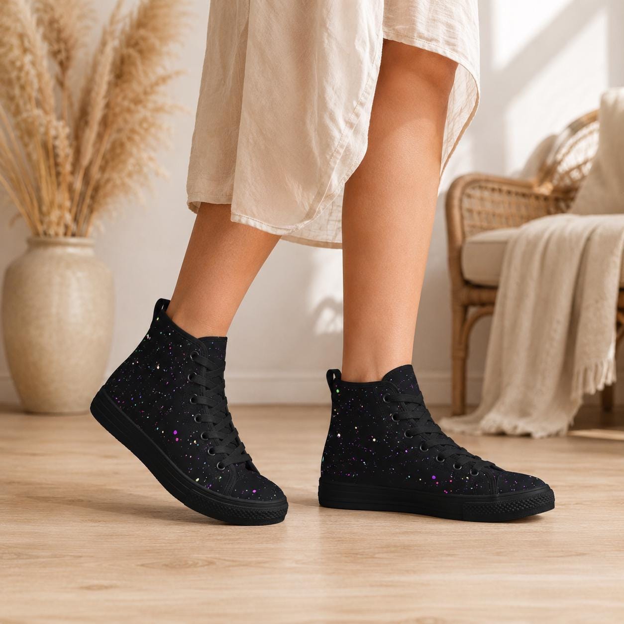Black Galaxy High Top Canvas Sneakers, Celestial Paint Splatter Street Shoes