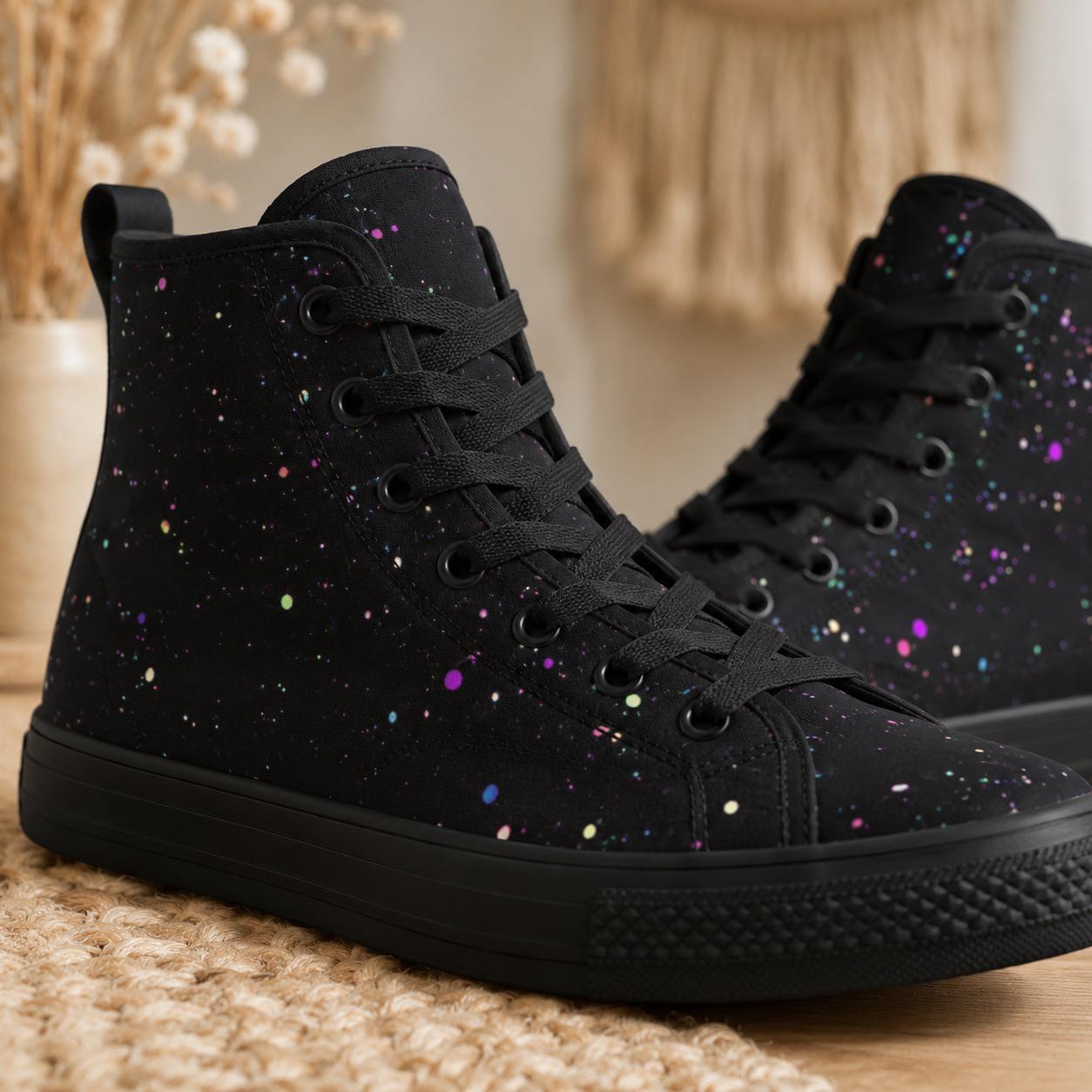 Black Galaxy High Top Canvas Sneakers, Celestial Paint Splatter Street Shoes