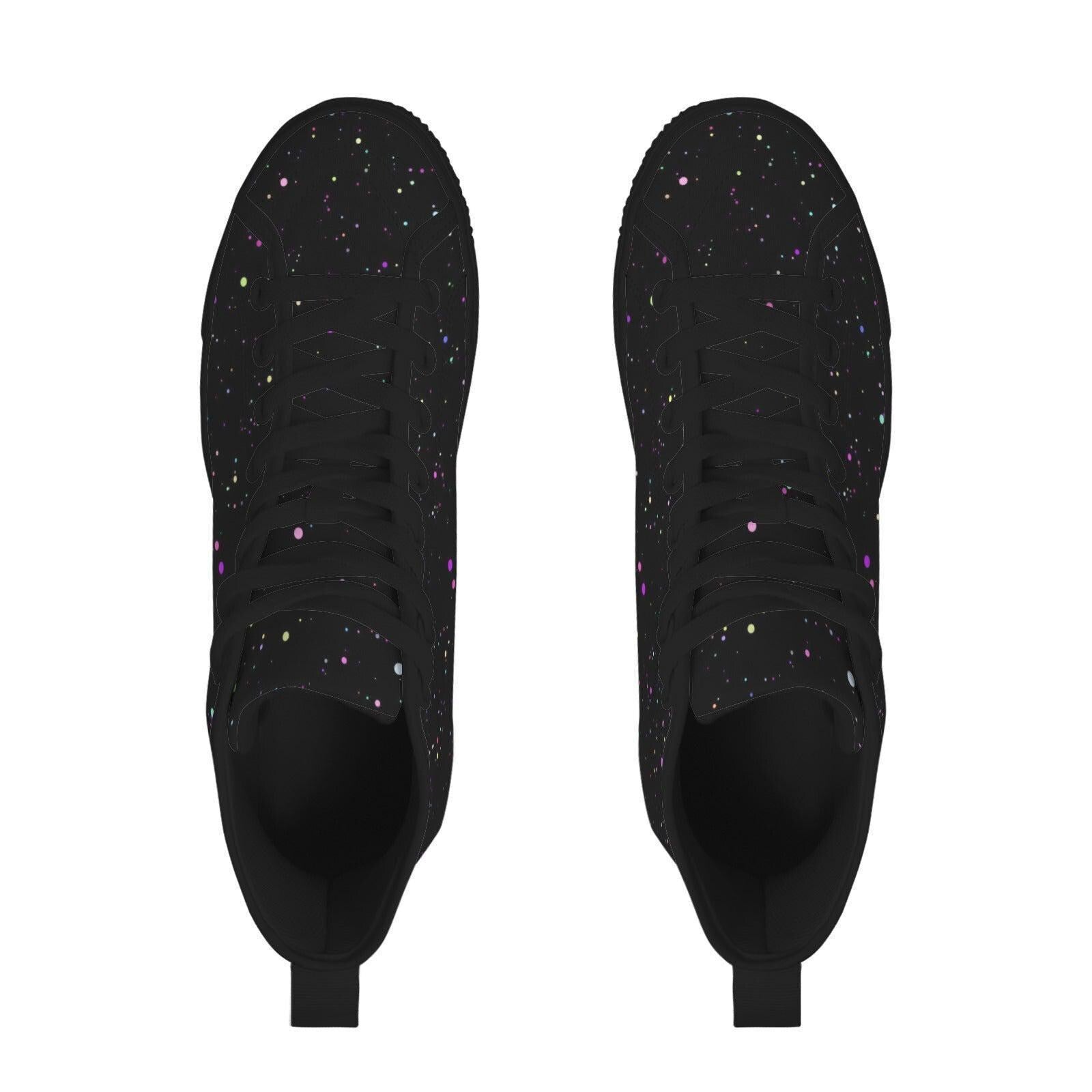 Black Galaxy High Top Canvas Sneakers, Celestial Paint Splatter Street Shoes
