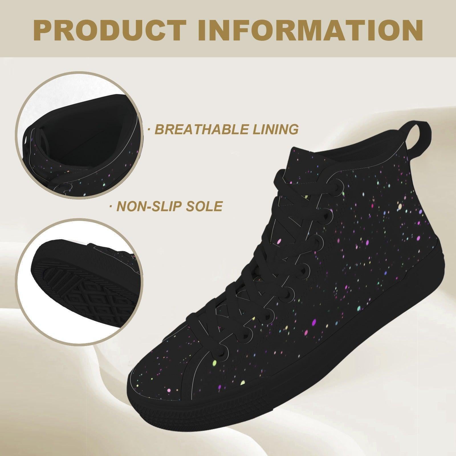 Black Galaxy High Top Canvas Sneakers, Celestial Paint Splatter Street Shoes
