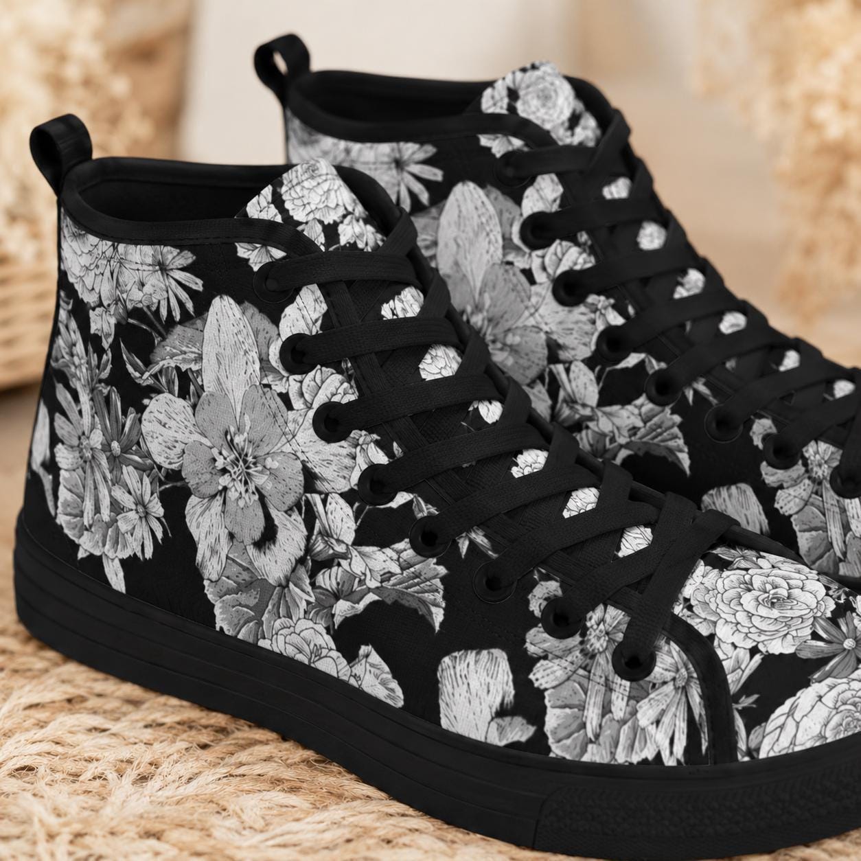 Black Floral High Top Sneakers, Monochrome Botanical Lace Up Streetwear Shoes