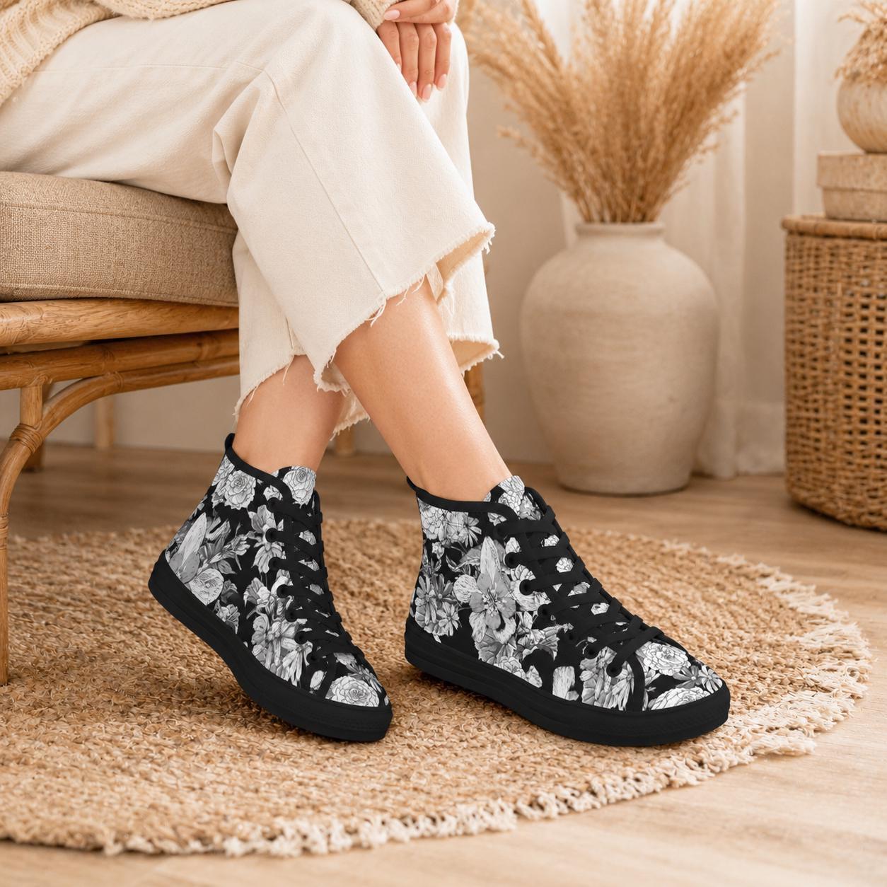 Black Floral High Top Sneakers, Monochrome Botanical Lace Up Streetwear Shoes