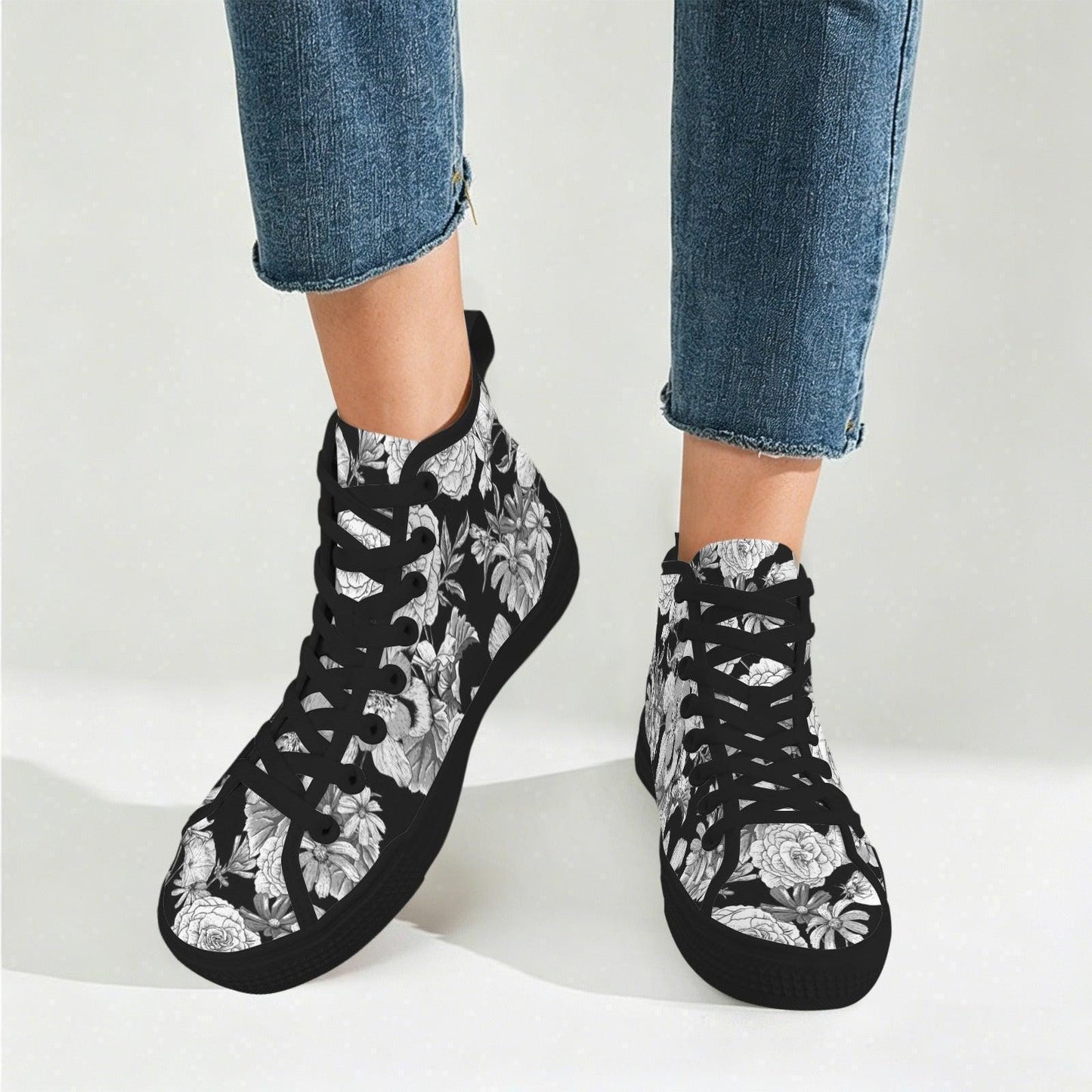 Black Floral High Top Sneakers, Monochrome Botanical Lace Up Streetwear Shoes