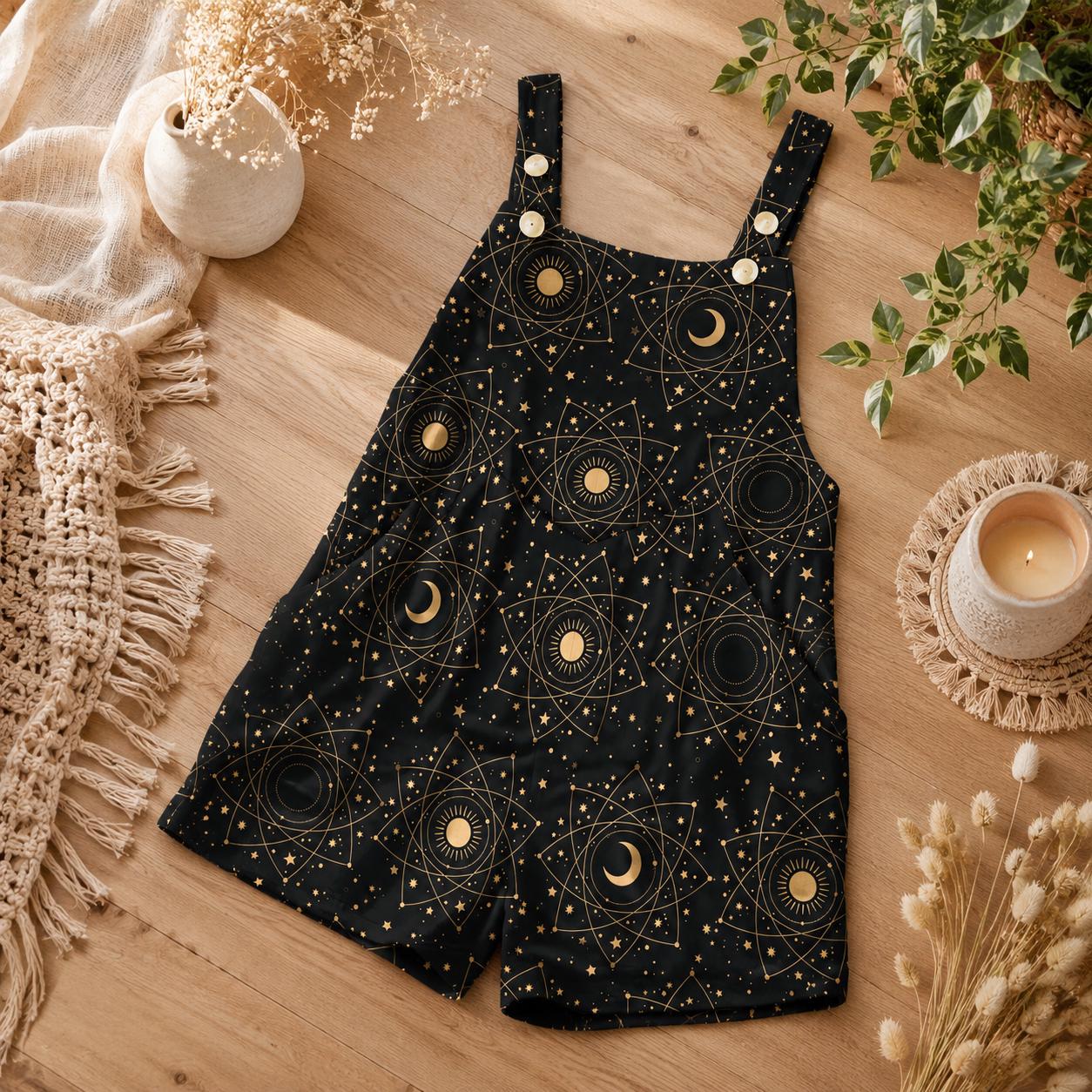 Celestial Moon Shortalls Romper, Black Sun Stars Print, Witchy Pocket Playsuit