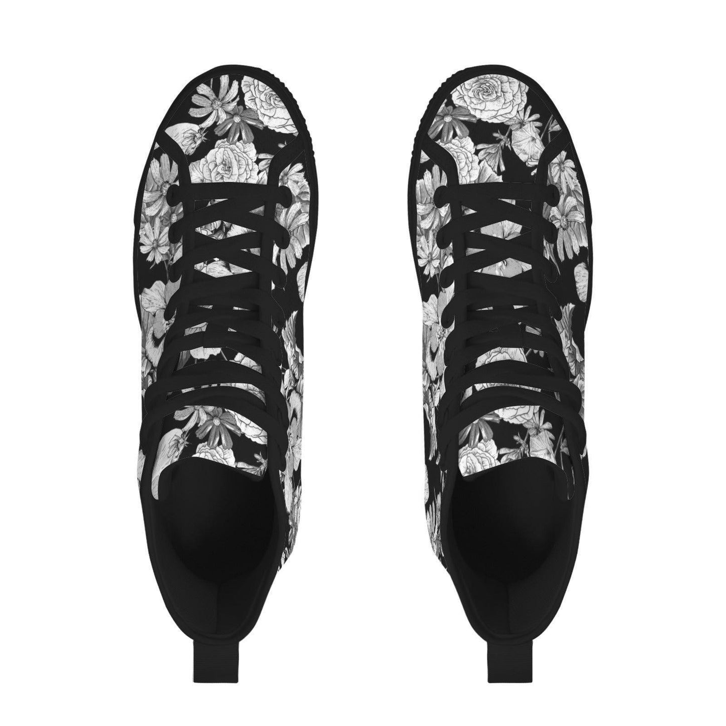Black Floral High Top Sneakers, Monochrome Botanical Lace Up Streetwear Shoes