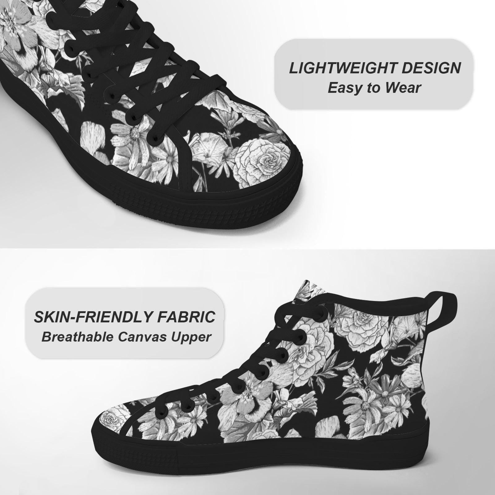 Black Floral High Top Sneakers, Monochrome Botanical Lace Up Streetwear Shoes