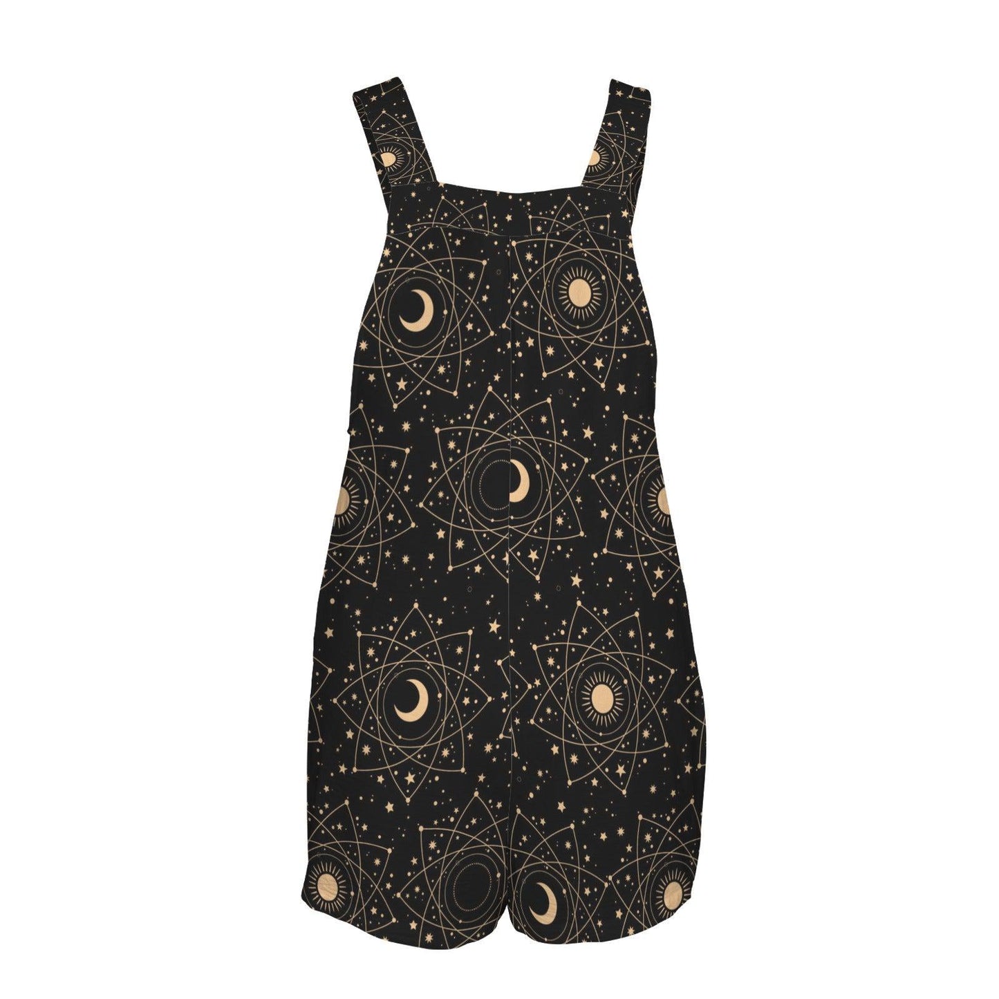 Celestial Moon Shortalls Romper, Black Sun Stars Print, Witchy Pocket Playsuit