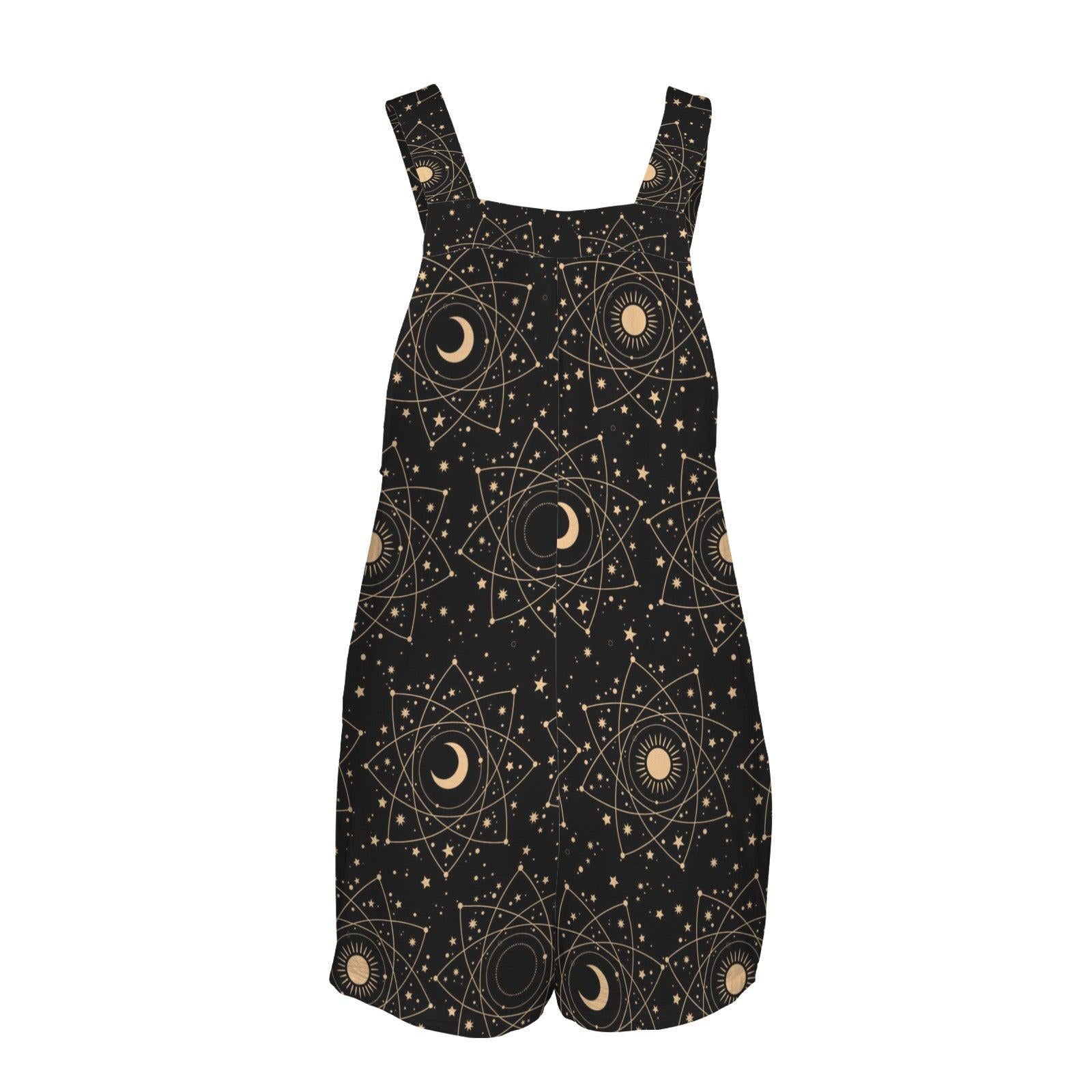 Celestial Moon Shortalls Romper, Black Sun Stars Print, Witchy Pocket Playsuit