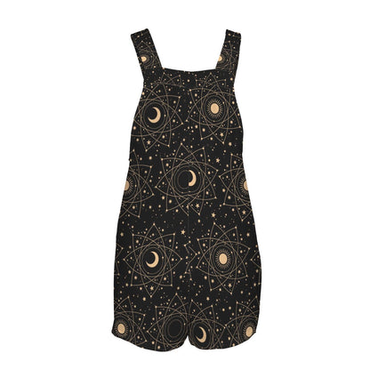 Celestial Moon Shortalls Romper, Black Sun Stars Print, Witchy Pocket Playsuit