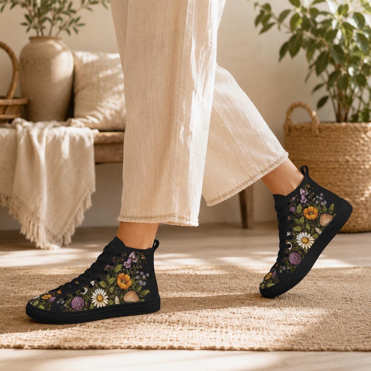 Black Wildflower High Top Sneakers, Daisy Mushroom Print Canvas Trainers