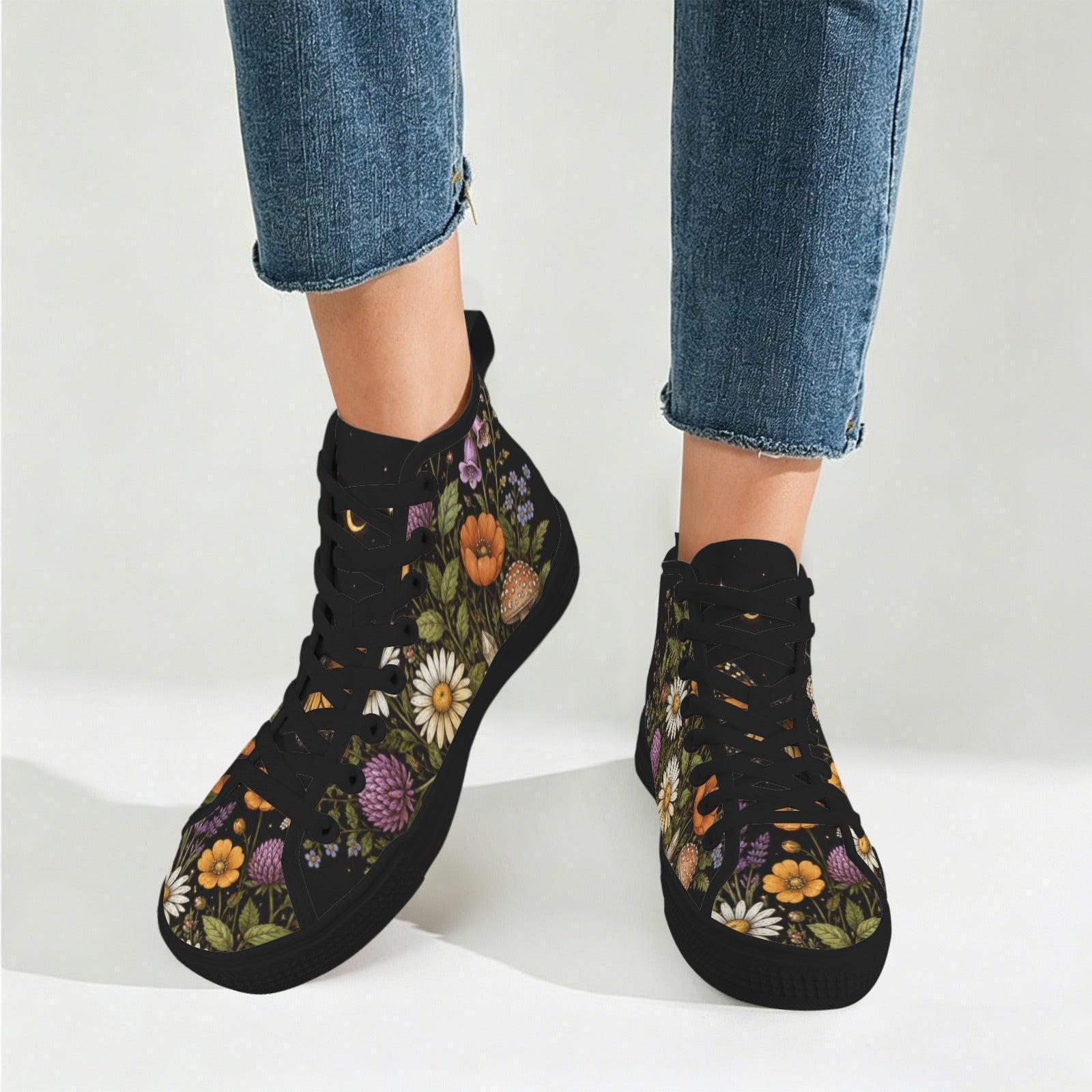 Black Wildflower High Top Sneakers, Daisy Mushroom Print Canvas Trainers