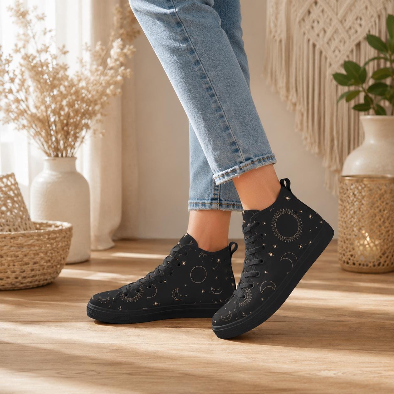 Celestial High Top Sneakers, Black Moon Sun Star Print Lace Up Shoes, Witchy Festival