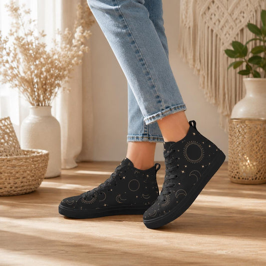 Celestial High Top Sneakers, Black Moon Sun Star Print Lace Up Shoes, Witchy Festival