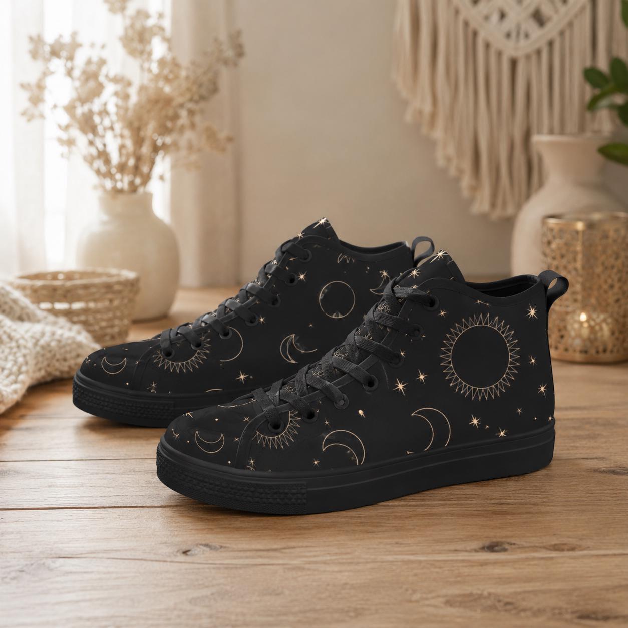 Celestial High Top Sneakers, Black Moon Sun Star Print Lace Up Shoes, Witchy Festival