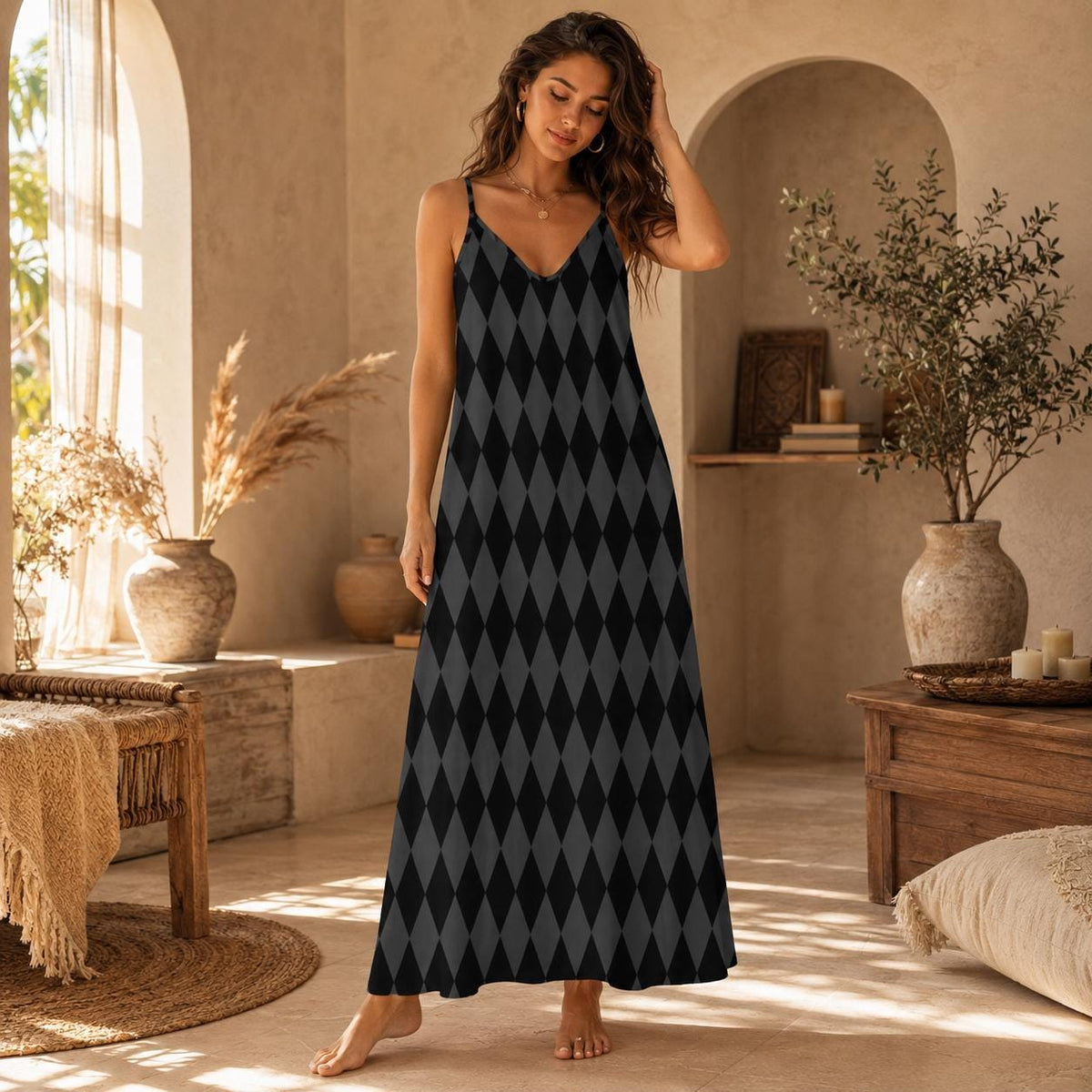 Harlequin Maxi Dress, Gothic Black Checker Slip, Edgy Summer Cami Outfit