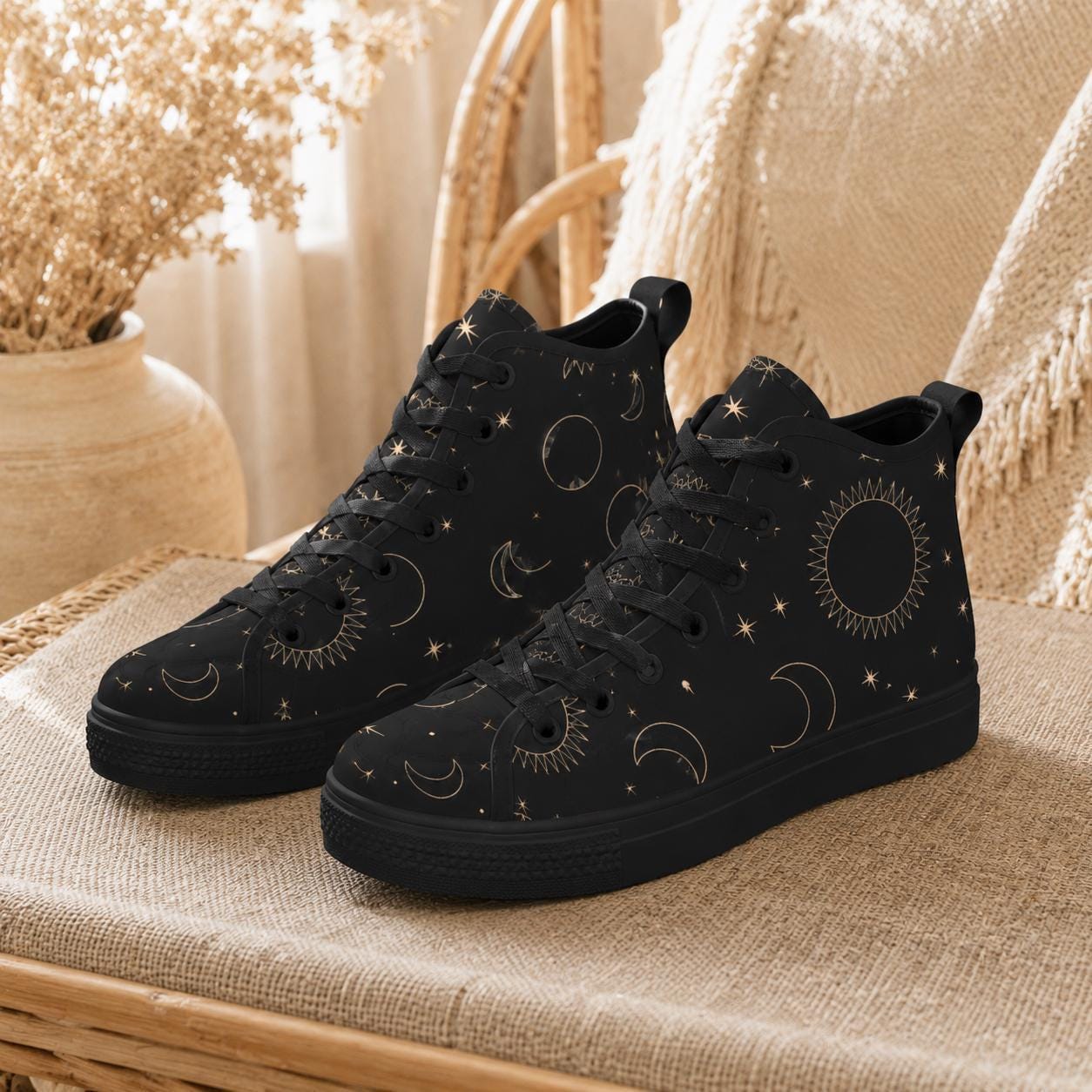 Celestial High Top Sneakers, Black Moon Sun Star Print Lace Up Shoes, Witchy Festival