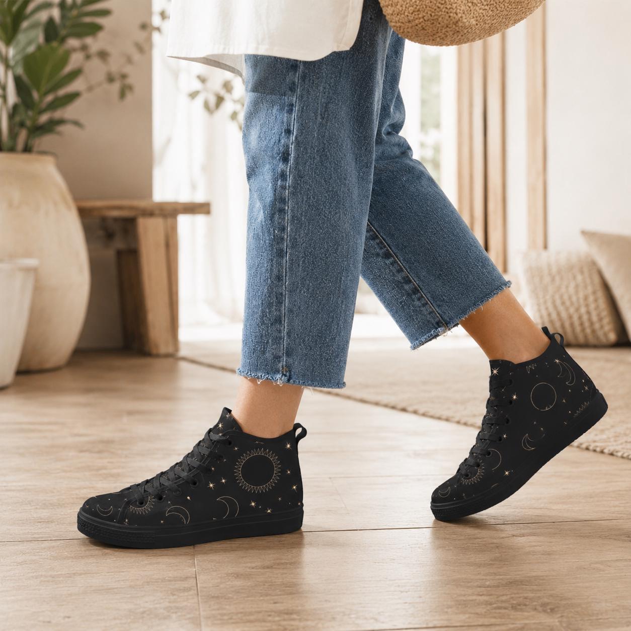 Celestial High Top Sneakers, Black Moon Sun Star Print Lace Up Shoes, Witchy Festival