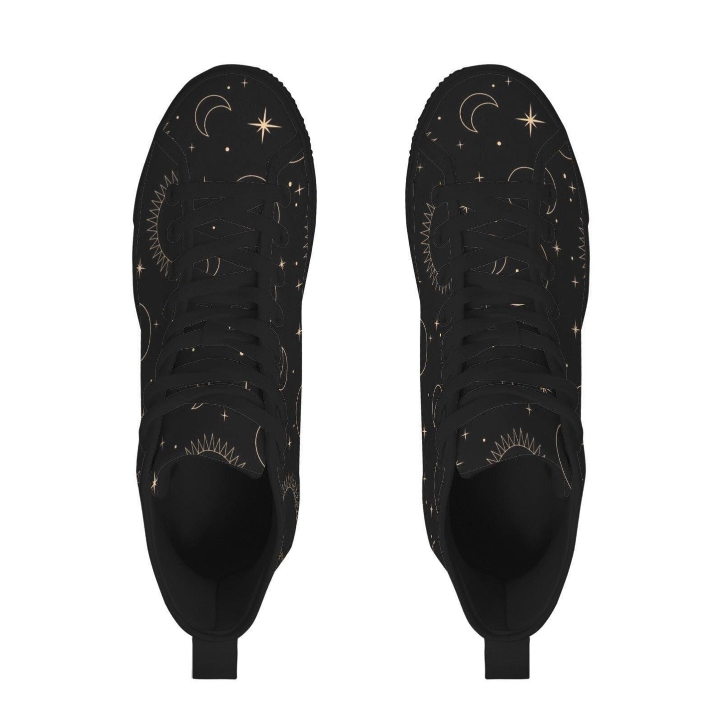 Celestial High Top Sneakers, Black Moon Sun Star Print Lace Up Shoes, Witchy Festival