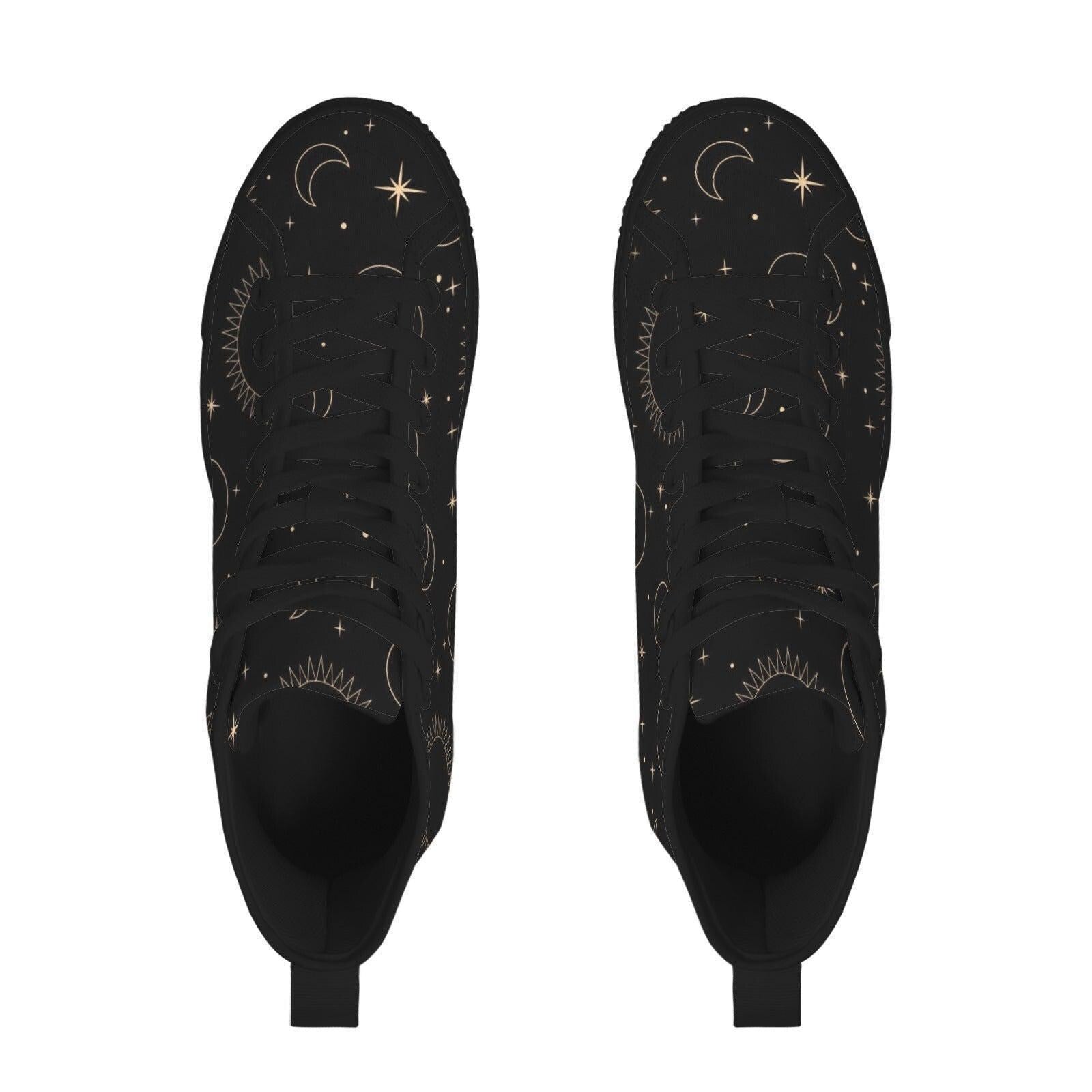 Celestial High Top Sneakers, Black Moon Sun Star Print Lace Up Shoes, Witchy Festival