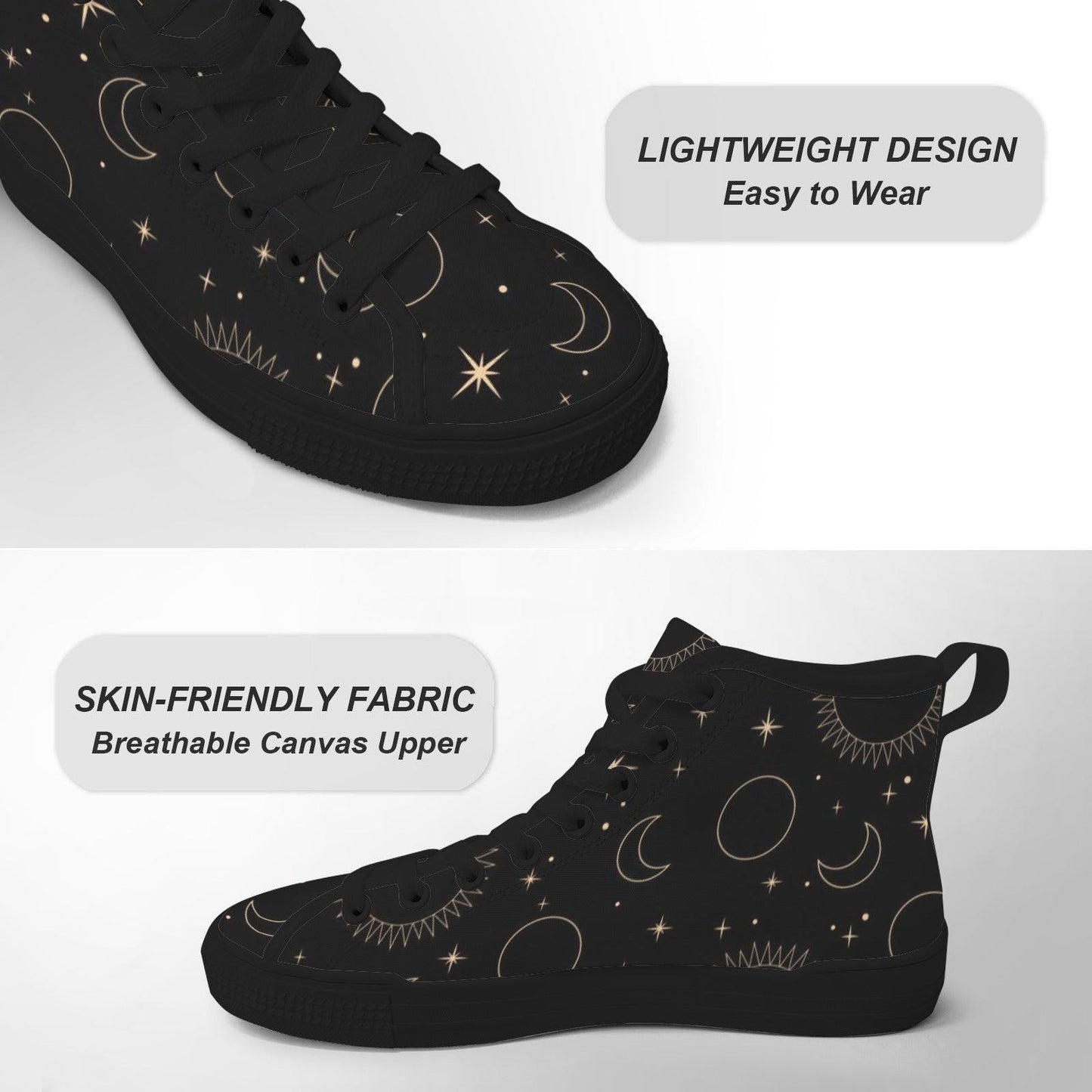 Celestial High Top Sneakers, Black Moon Sun Star Print Lace Up Shoes, Witchy Festival