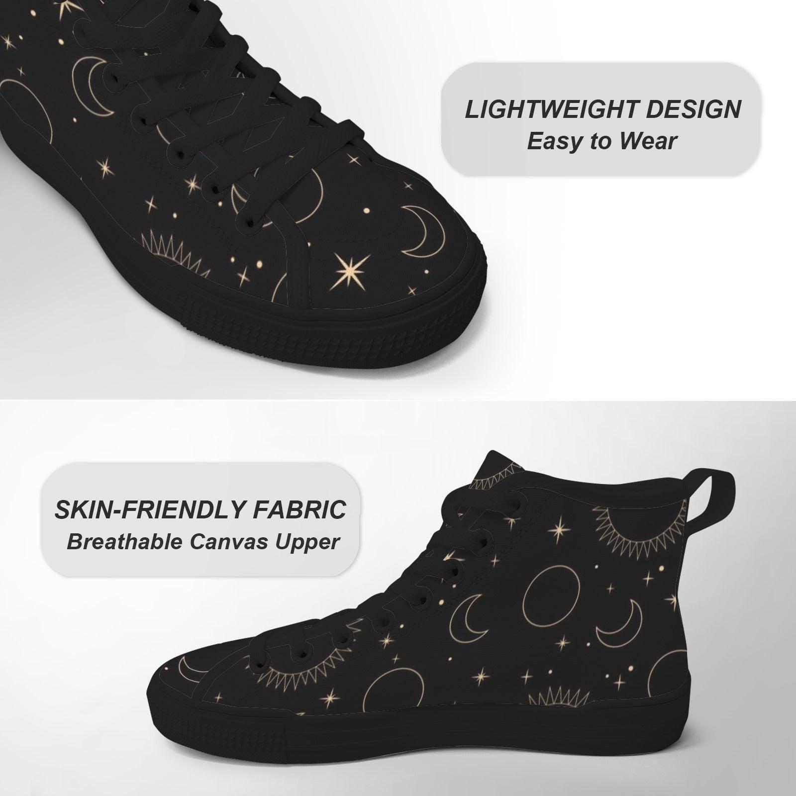 Celestial High Top Sneakers, Black Moon Sun Star Print Lace Up Shoes, Witchy Festival