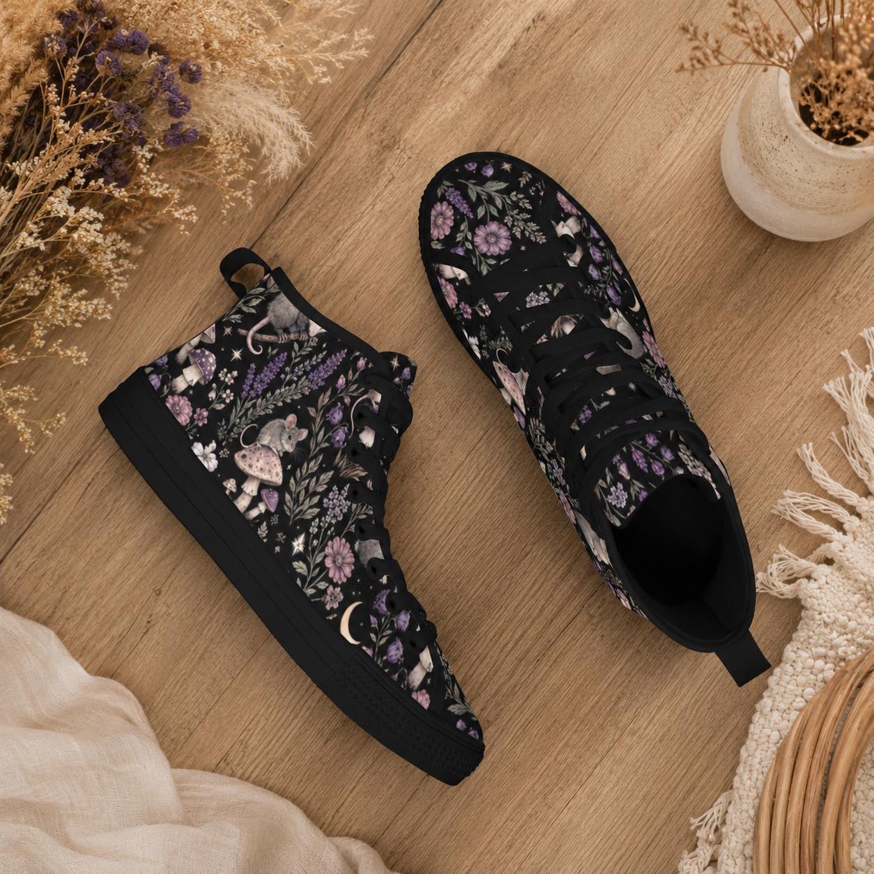 Rabbit Mushroom High Top Canvas Sneakers, Woodland Floral Fairycore Lace Up Shoes