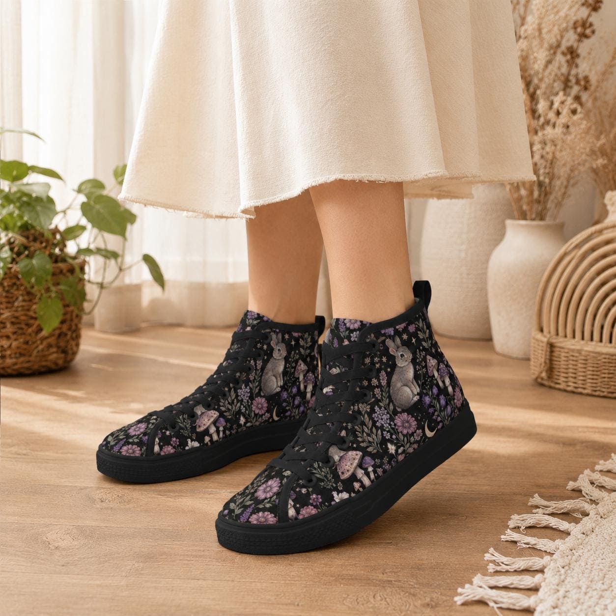 Rabbit Mushroom High Top Canvas Sneakers, Woodland Floral Fairycore Lace Up Shoes
