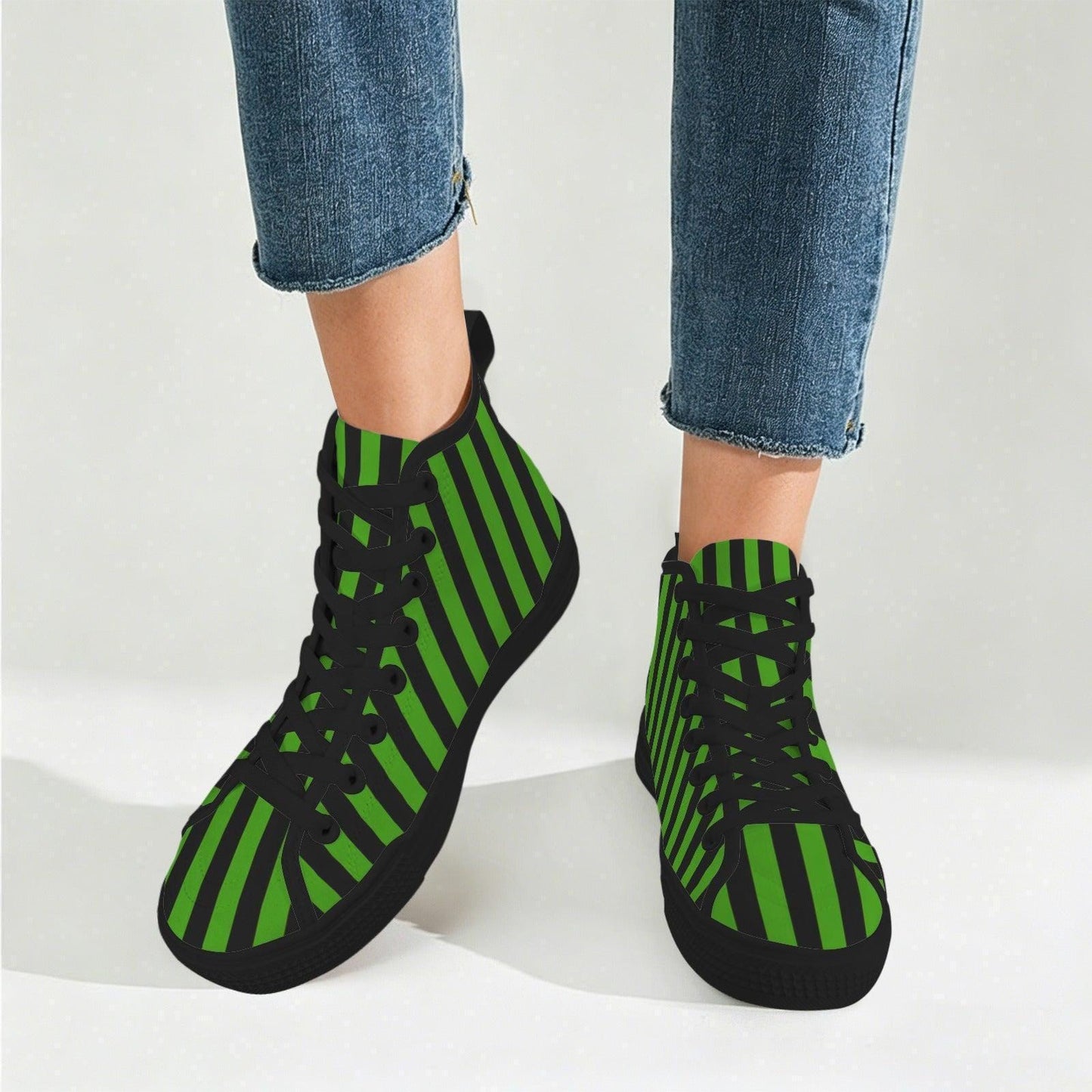 Green Black Stripe High Top Sneakers, Gothic Lace Up Shoes, Witchy Footwear