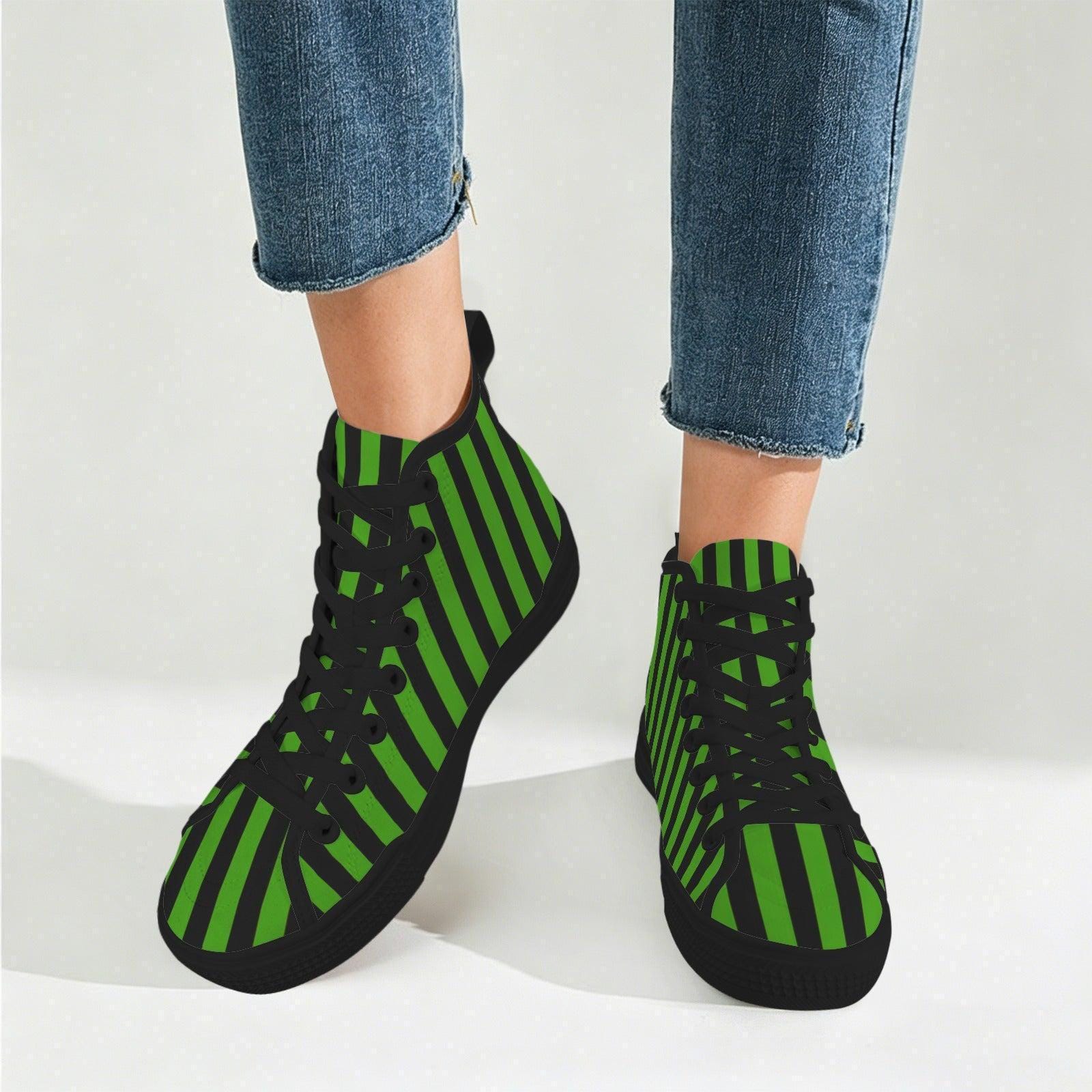 Green Black Stripe High Top Sneakers, Gothic Lace Up Shoes, Witchy Footwear