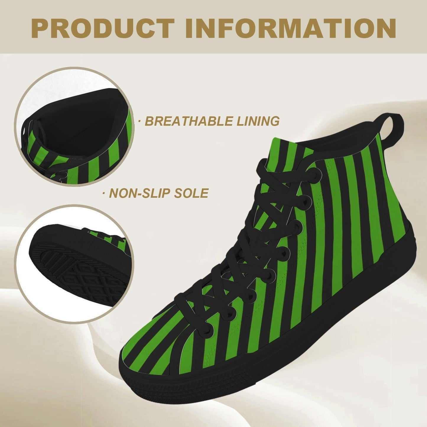 Green Black Stripe High Top Sneakers, Gothic Lace Up Shoes, Witchy Footwear