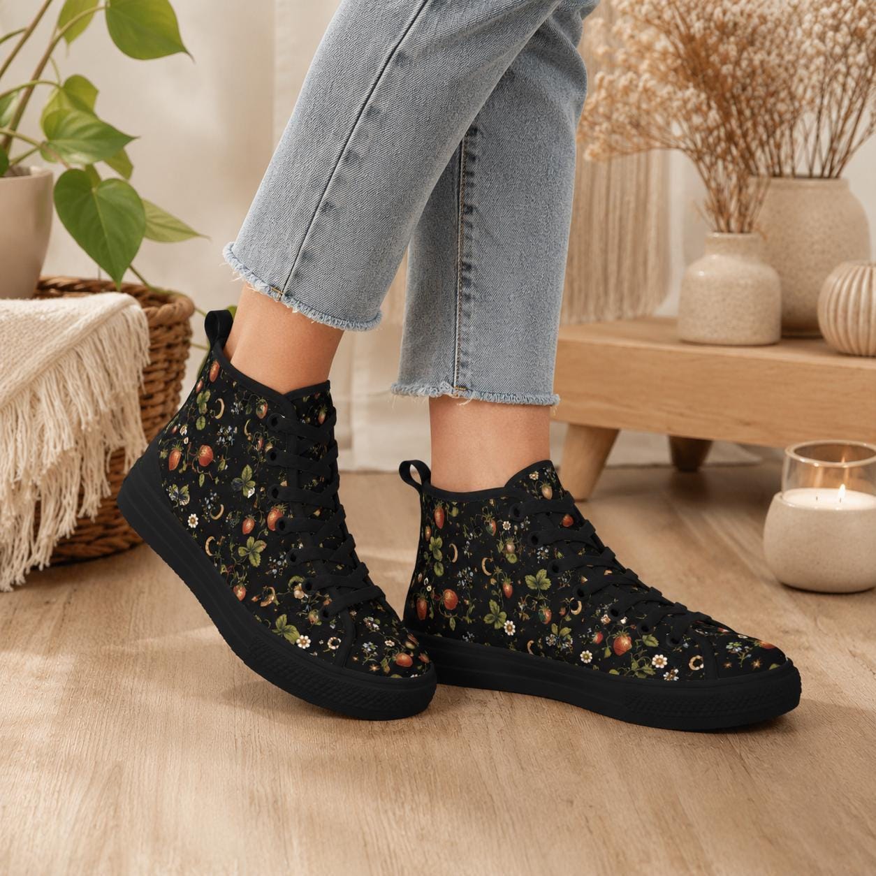Celestial High Top Sneakers, Black Moon Star Berry Print Canvas Trainers
