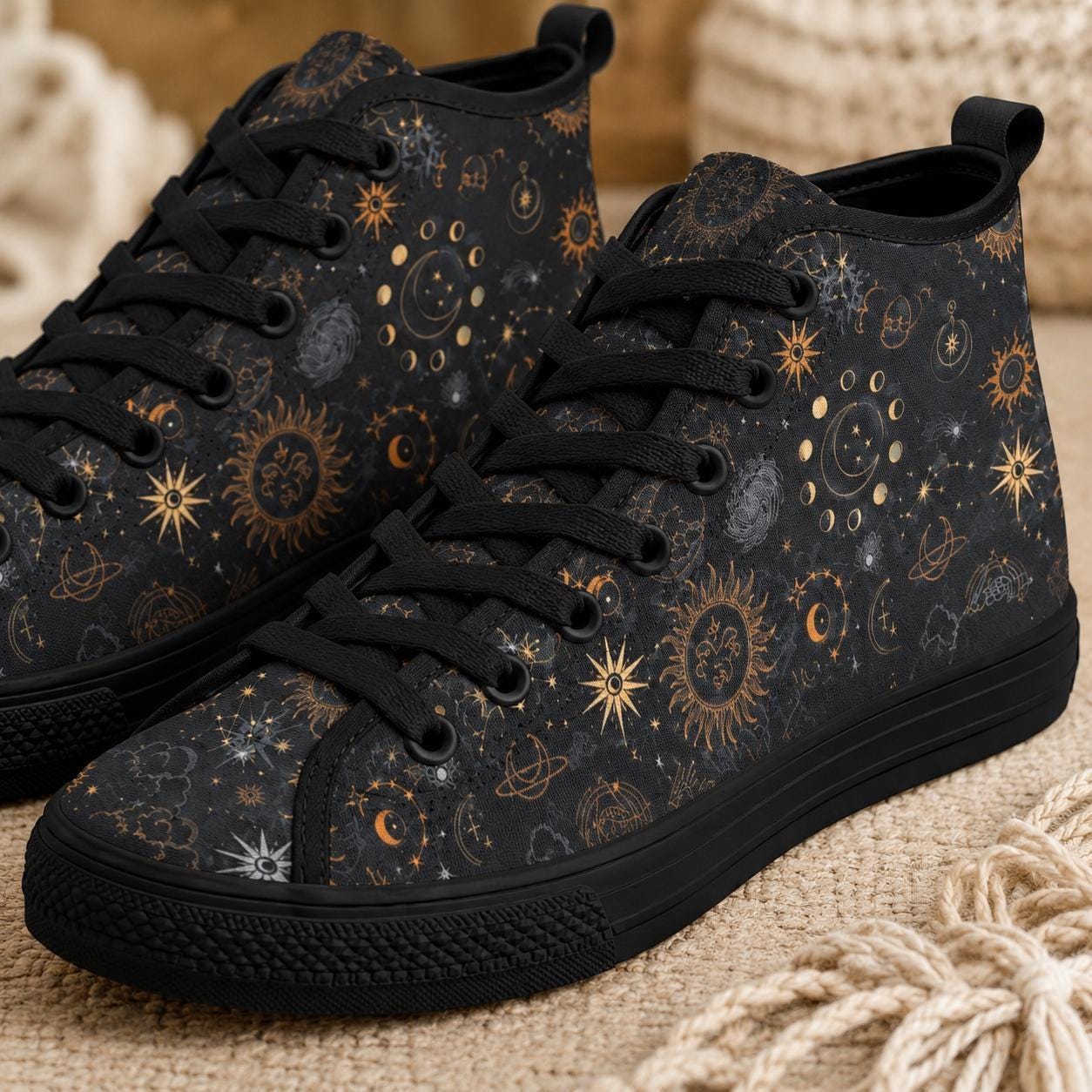 Celestial High Top Sneakers, Black Sun Moon Astrology Print Lace Up Shoes