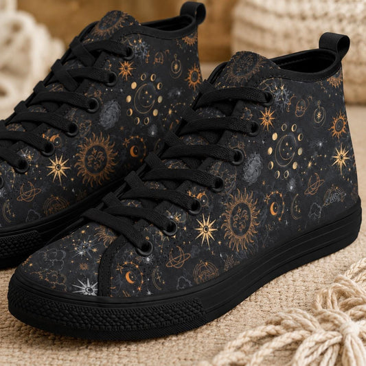 Celestial High Top Sneakers, Black Sun Moon Astrology Print Lace Up Shoes