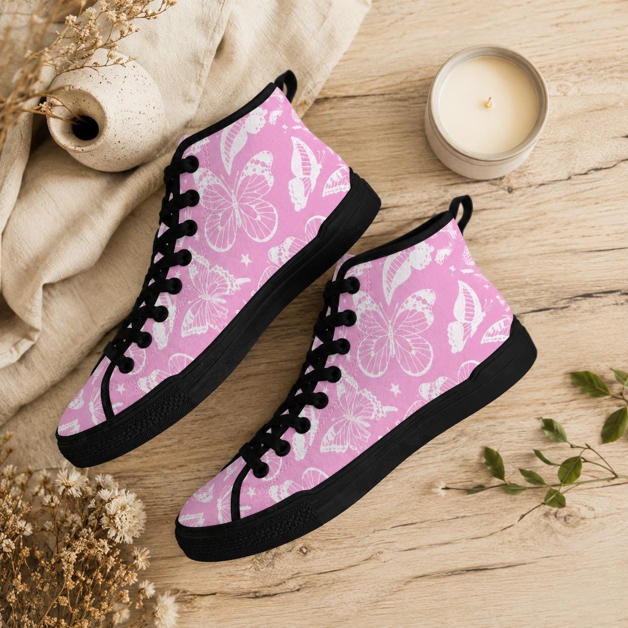 Pink Butterfly High Top Canvas Shoes, White Floral Print, Fairycore Lace Up Trainers