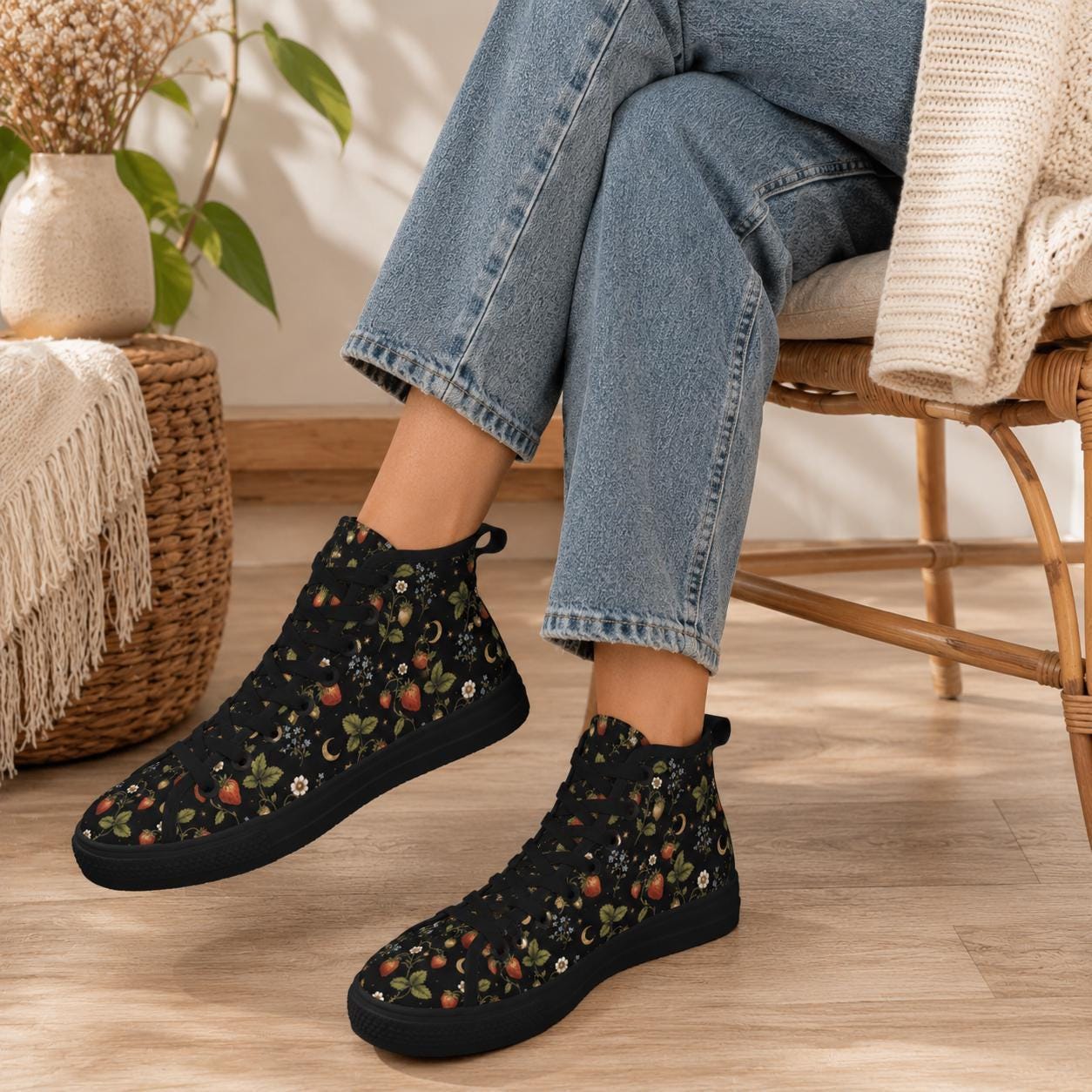 Celestial High Top Sneakers, Black Moon Star Berry Print Canvas Trainers