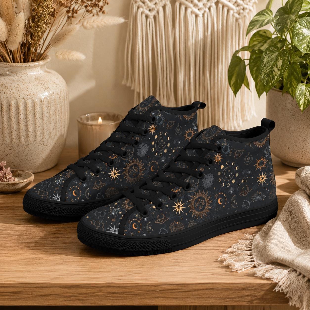 Celestial High Top Sneakers, Black Sun Moon Astrology Print Lace Up Shoes
