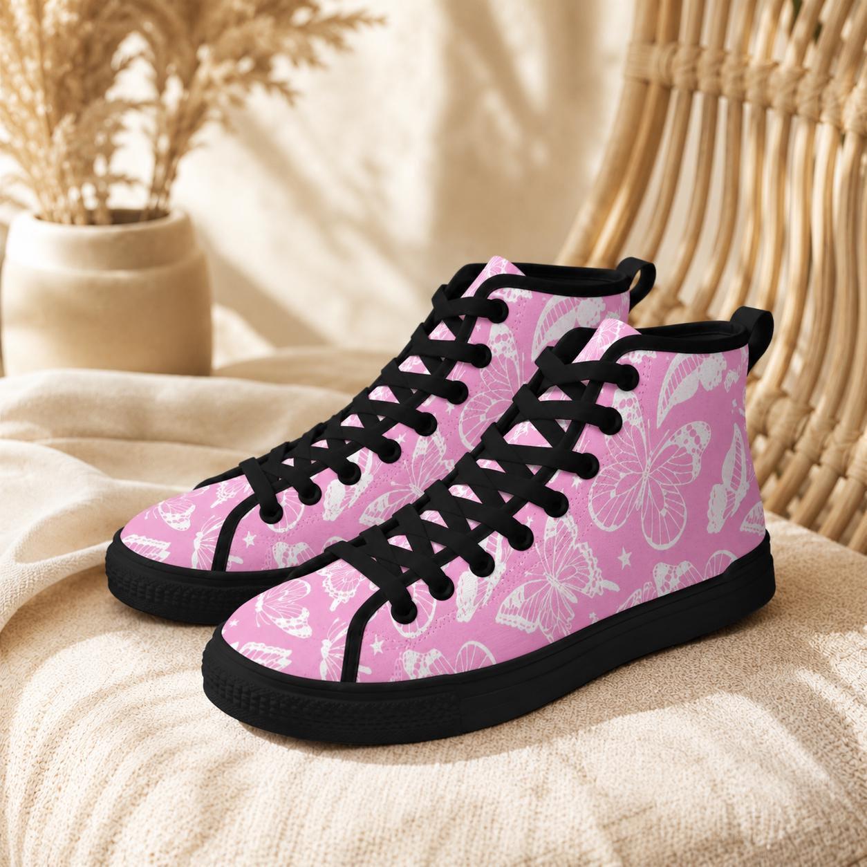 Pink Butterfly High Top Canvas Shoes, White Floral Print, Fairycore Lace Up Trainers