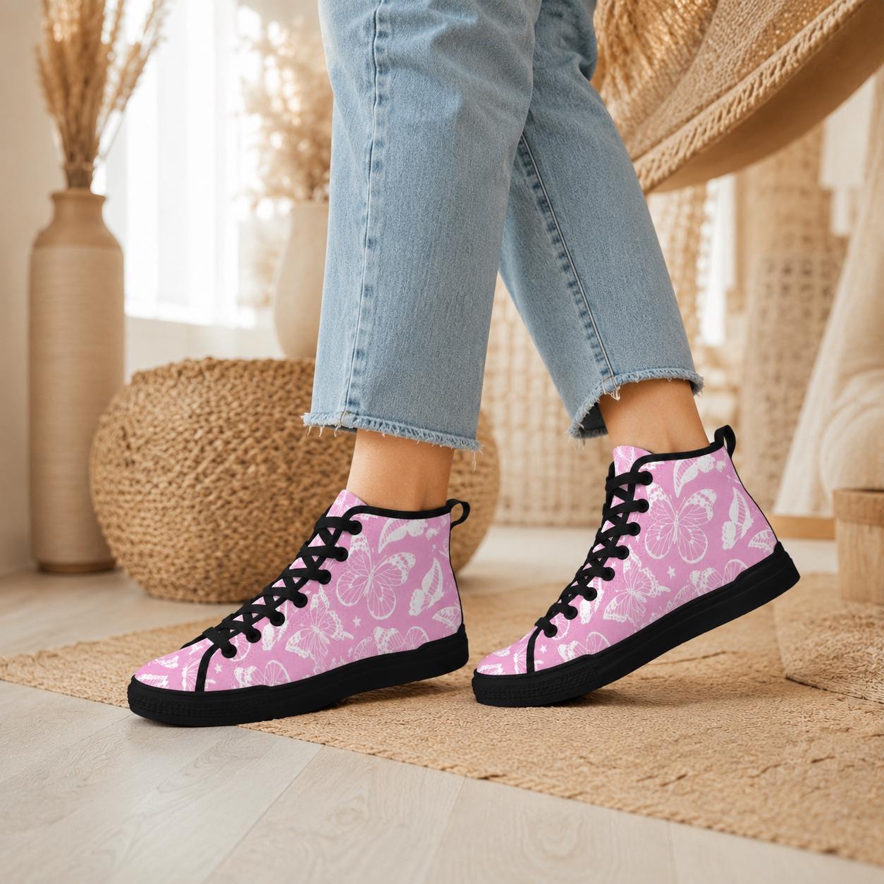 Pink Butterfly High Top Canvas Shoes, White Floral Print, Fairycore Lace Up Trainers