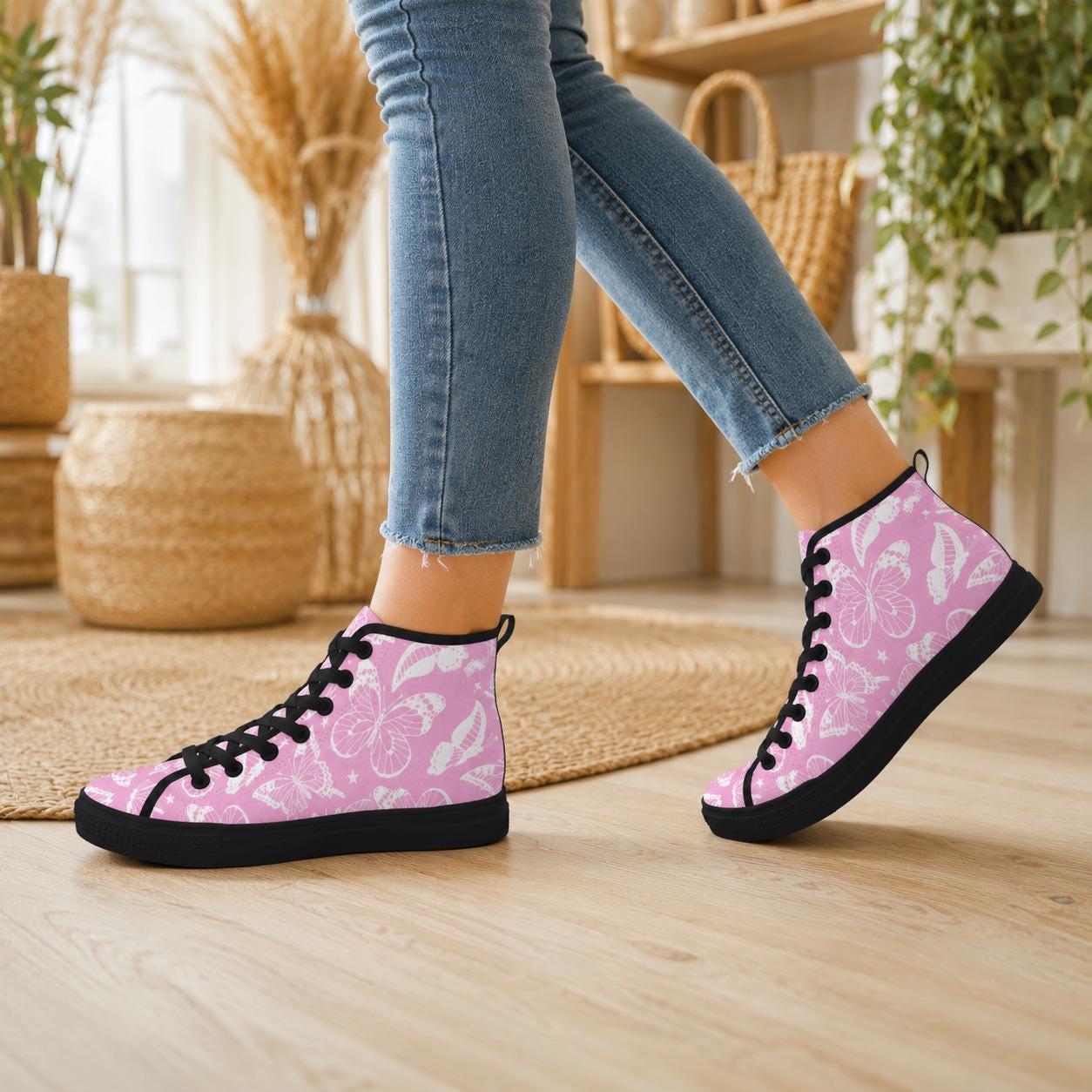 Pink Butterfly High Top Canvas Shoes, White Floral Print, Fairycore Lace Up Trainers