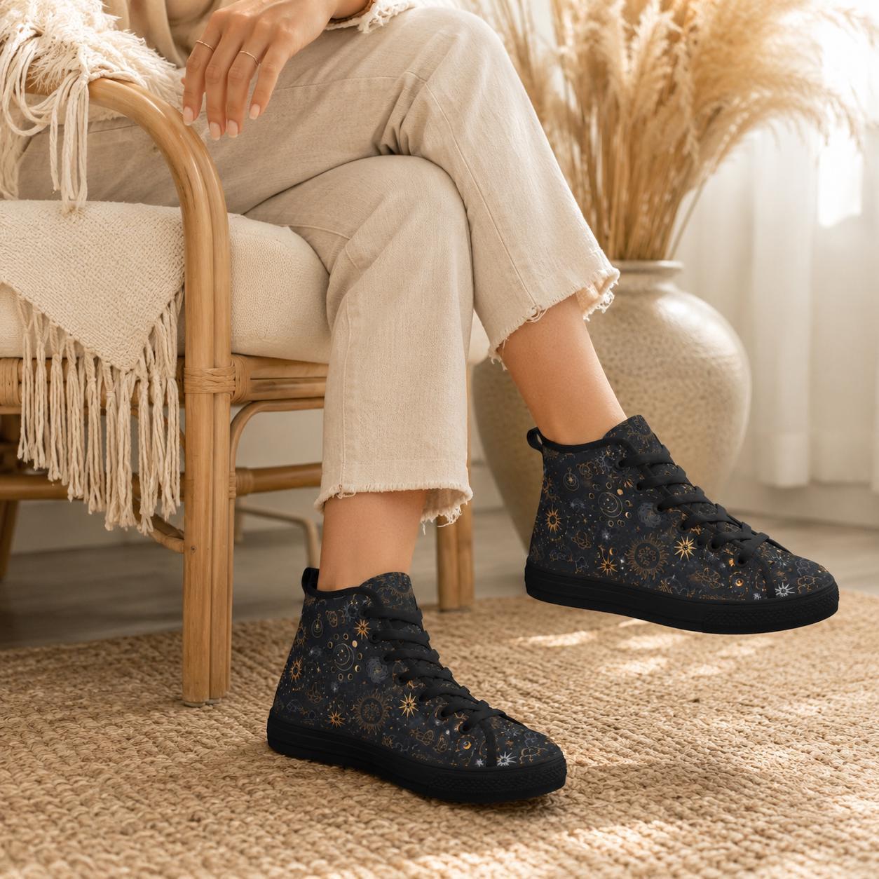 Celestial High Top Sneakers, Black Sun Moon Astrology Print Lace Up Shoes