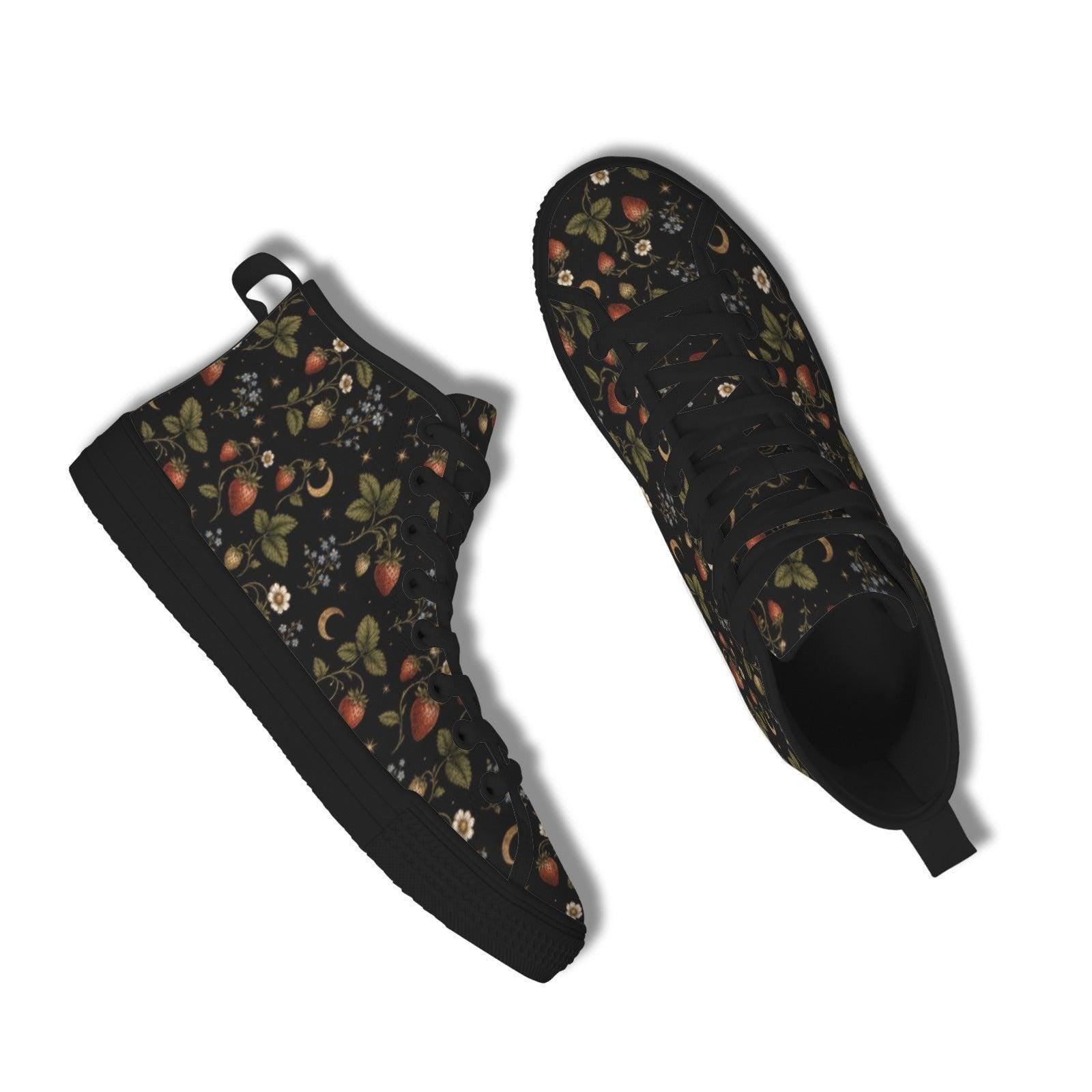 Celestial High Top Sneakers, Black Moon Star Berry Print Canvas Trainers