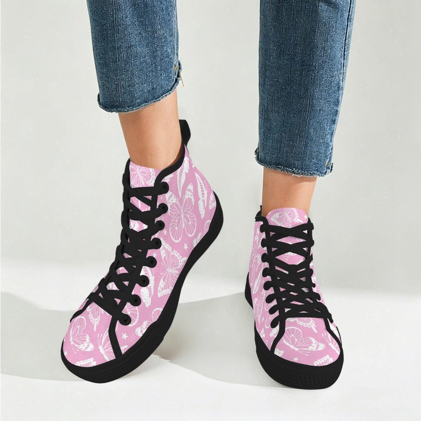 Pink Butterfly High Top Canvas Shoes, White Floral Print, Fairycore Lace Up Trainers