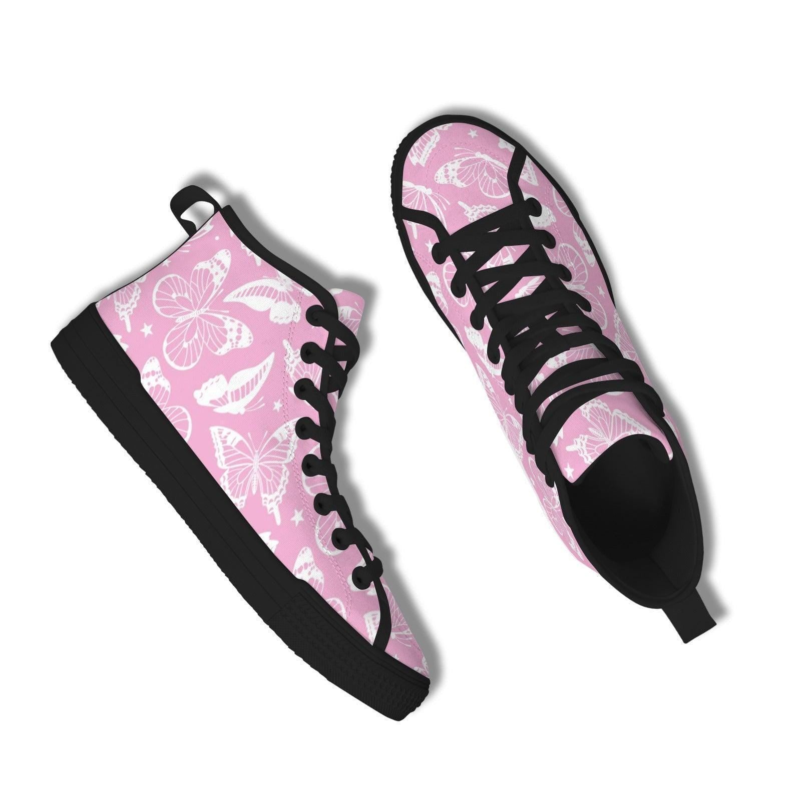 Pink Butterfly High Top Canvas Shoes, White Floral Print, Fairycore Lace Up Trainers