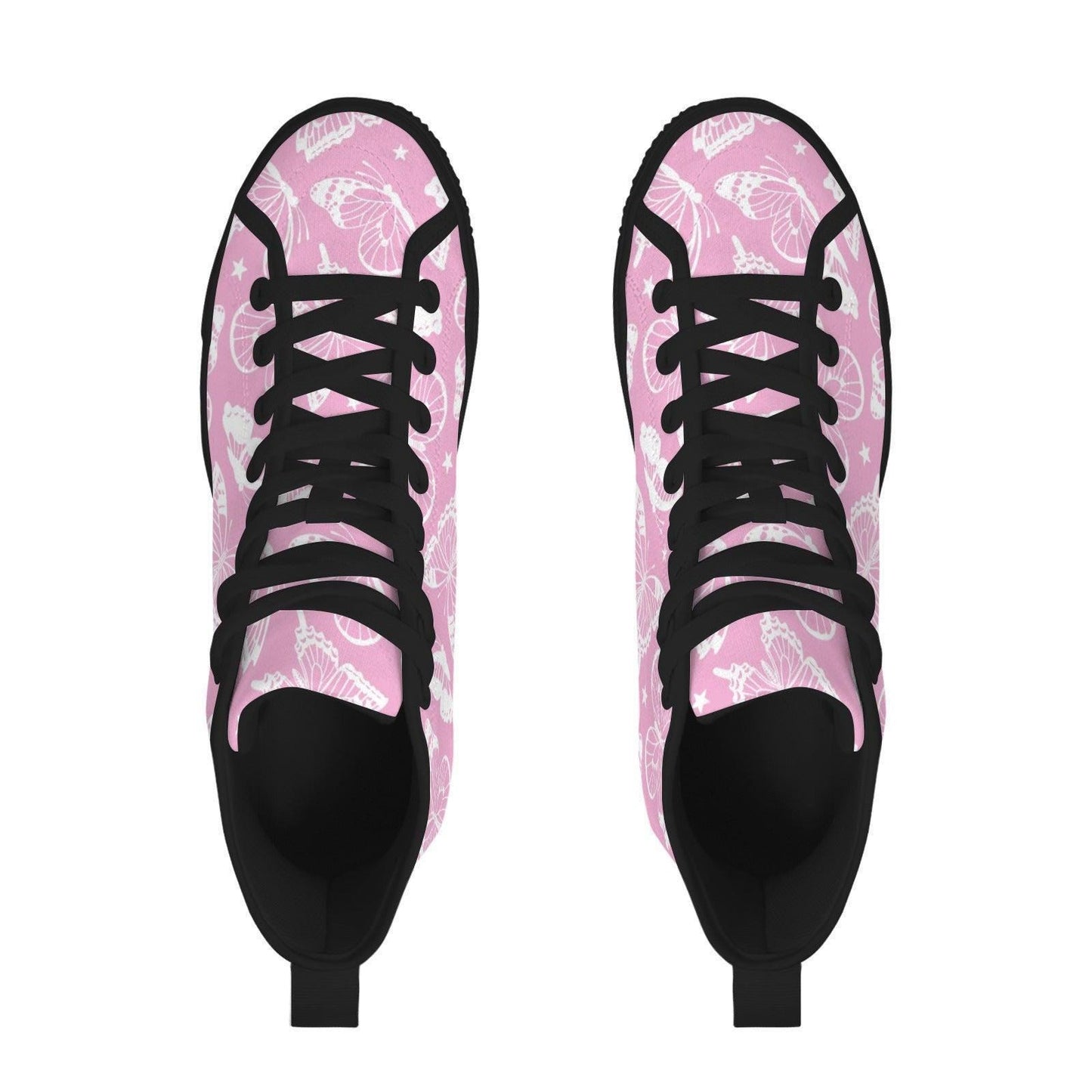 Pink Butterfly High Top Canvas Shoes, White Floral Print, Fairycore Lace Up Trainers