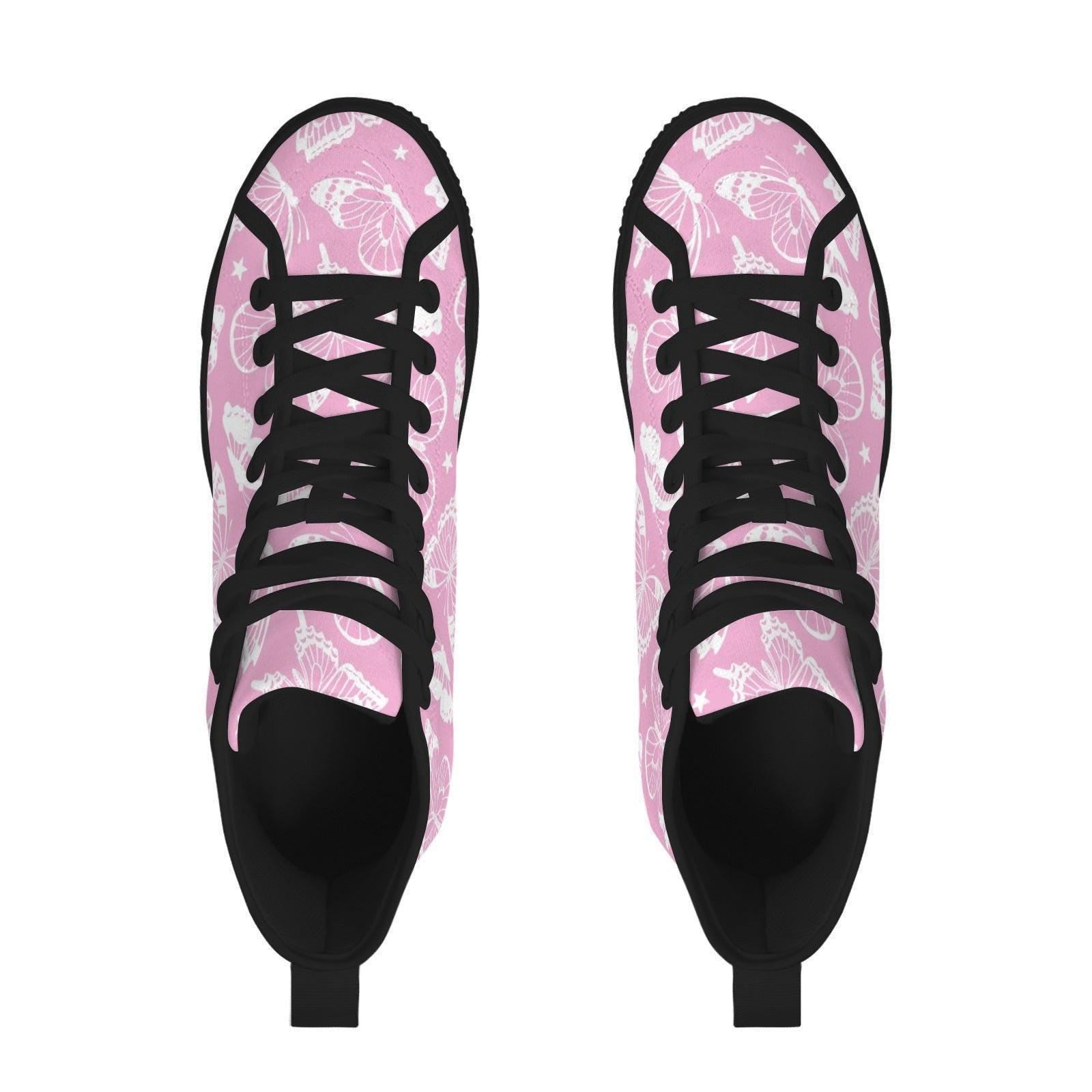 Pink Butterfly High Top Canvas Shoes, White Floral Print, Fairycore Lace Up Trainers