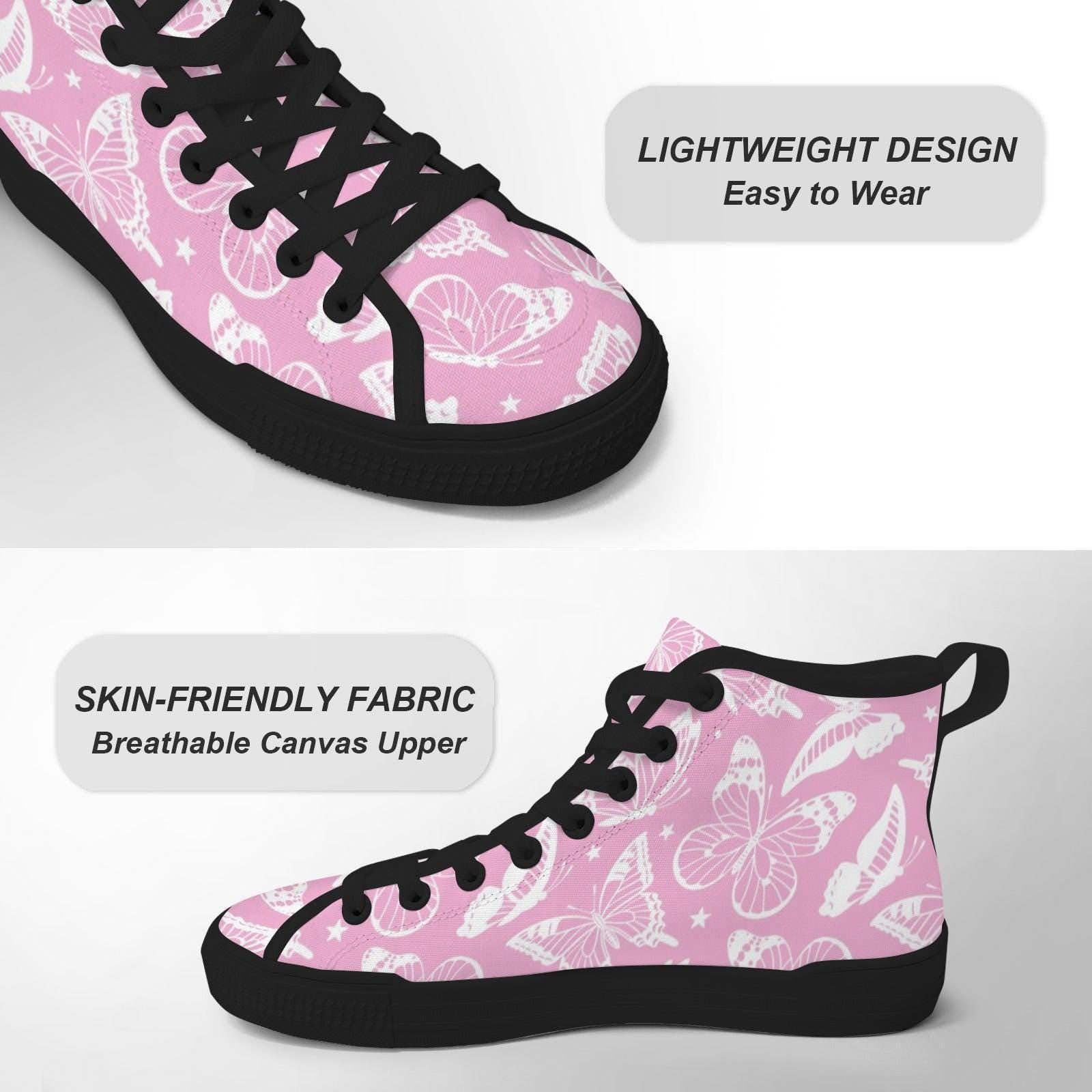 Pink Butterfly High Top Canvas Shoes, White Floral Print, Fairycore Lace Up Trainers
