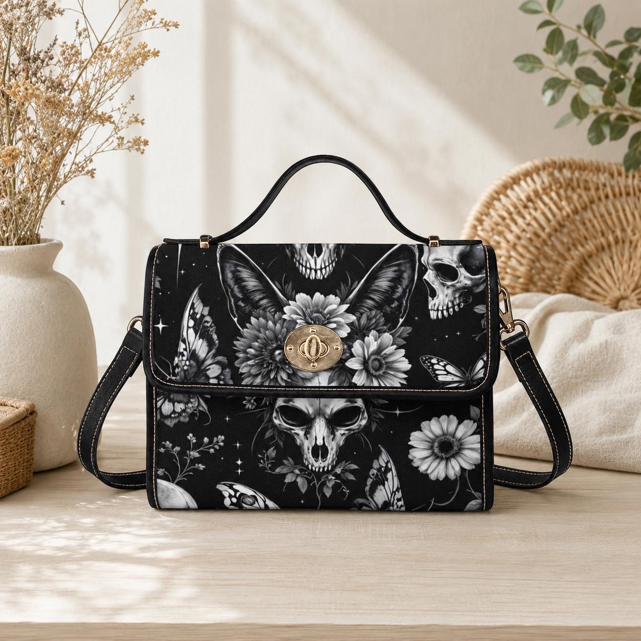 Gothic Bunny Skull Crossbody Bag, Dark Floral Print Handbag for Witchy, Alternative Fashion