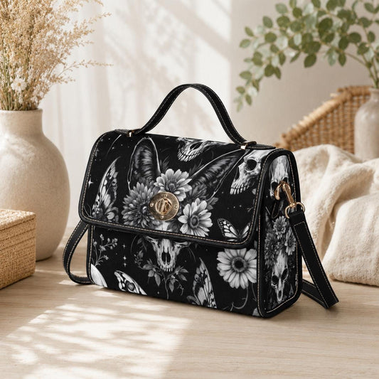 Gothic Bunny Skull Crossbody Bag, Dark Floral Print Handbag for Witchy, Alternative Fashion