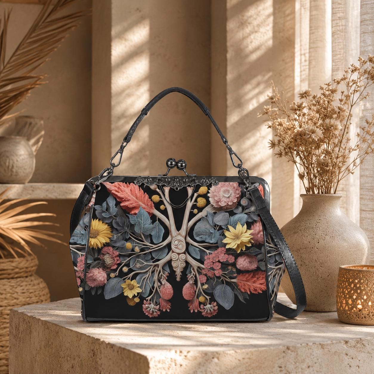 Botanical anatomy purse, dark floral kisslock bag, vintage frame handbag