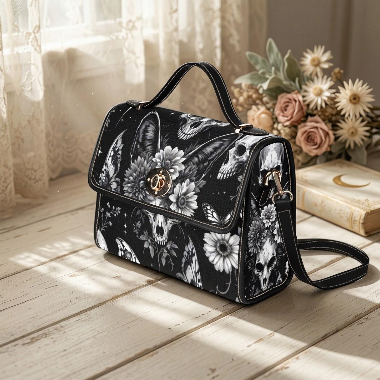 Gothic Bunny Skull Crossbody Bag, Dark Floral Print Handbag for Witchy, Alternative Fashion